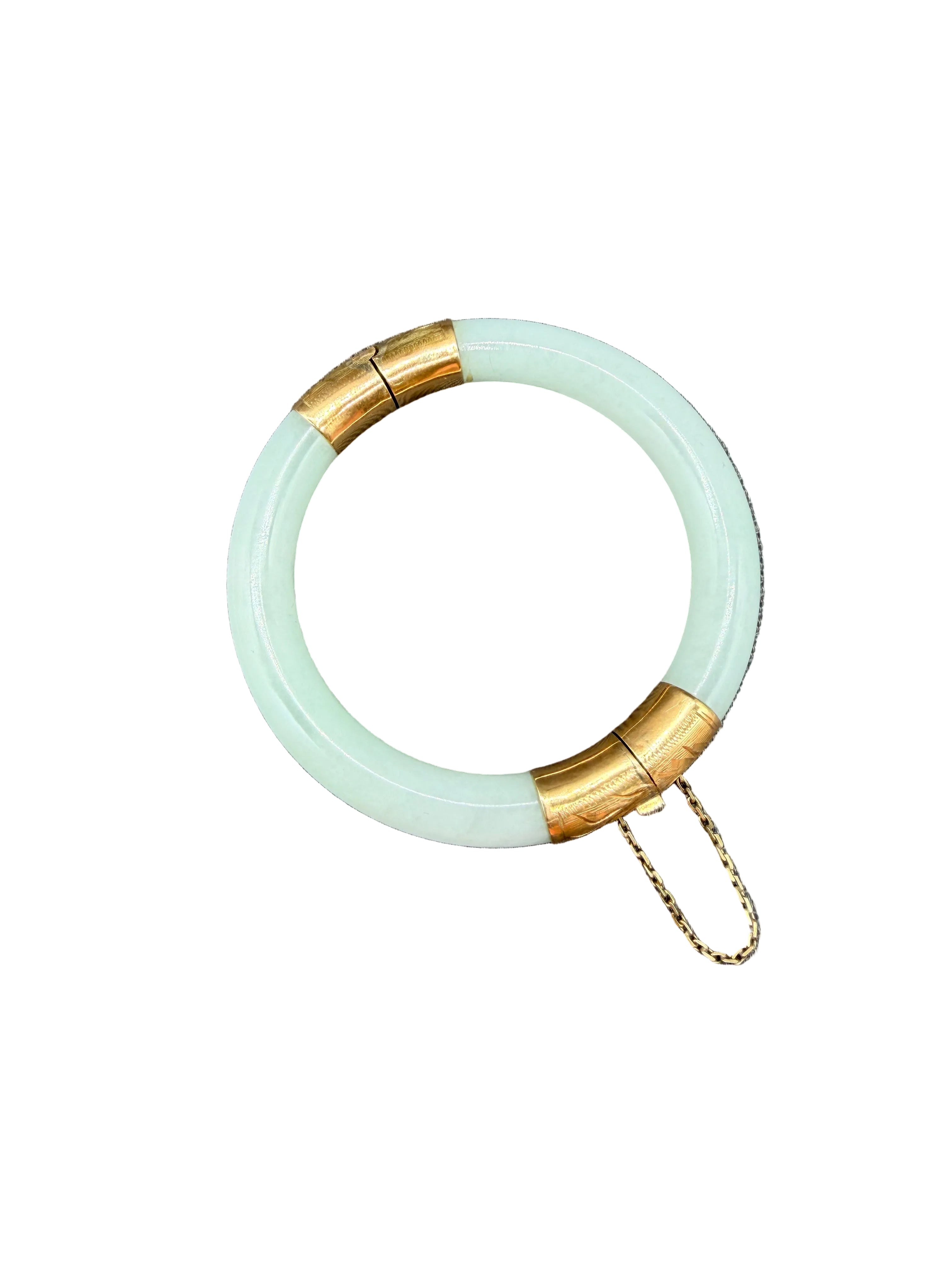 1950s White Jade Hinged Bangle Bracelet with 14K Gold Accents