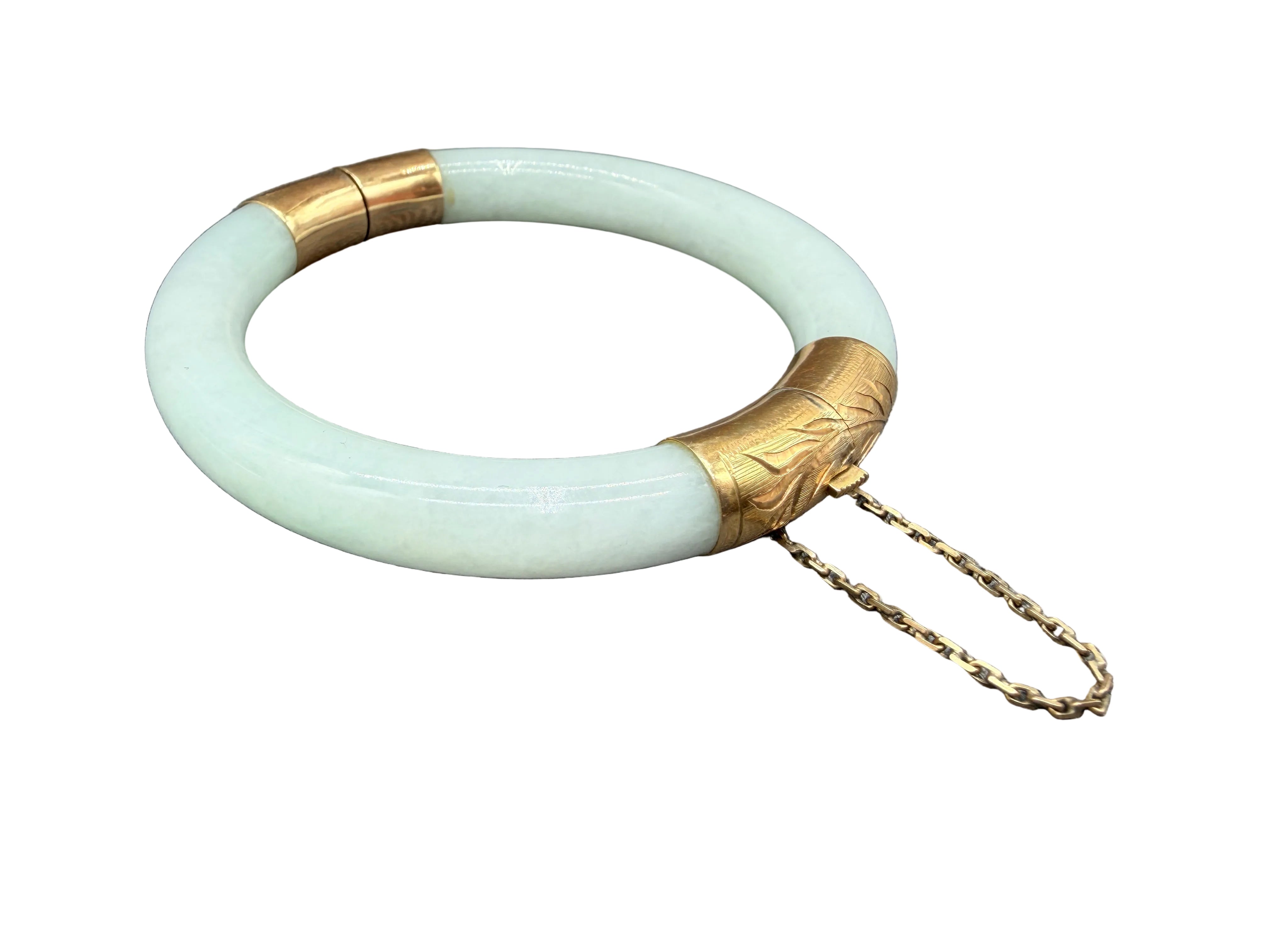 1950s White Jade Hinged Bangle Bracelet with 14K Gold Accents