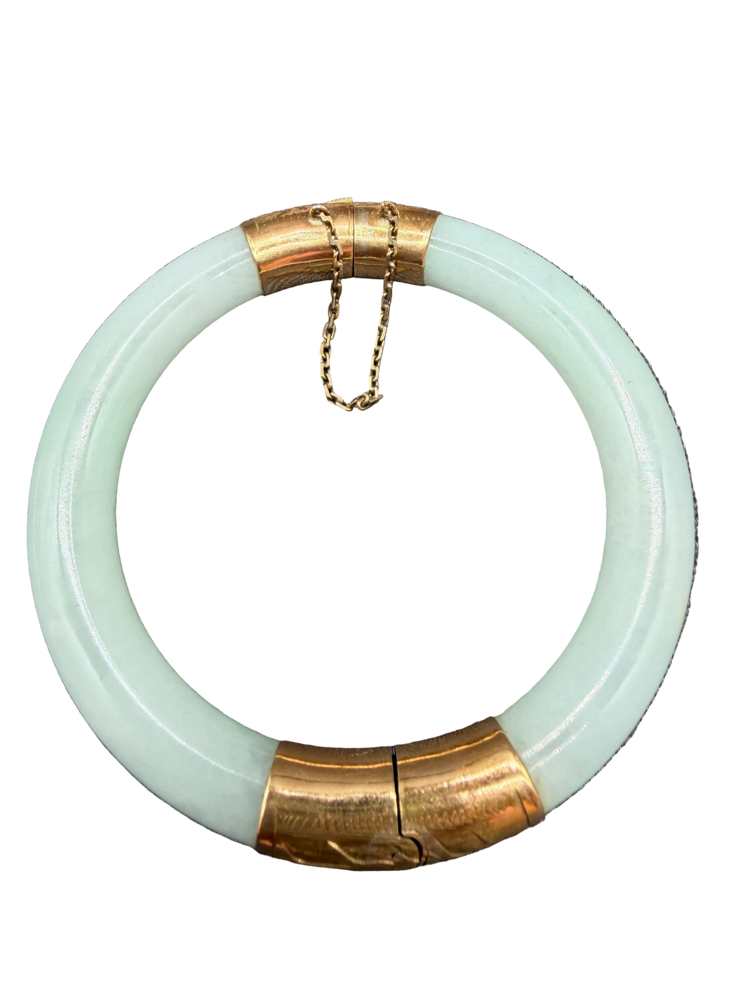 1950s White Jade Hinged Bangle Bracelet with 14K Gold Accents