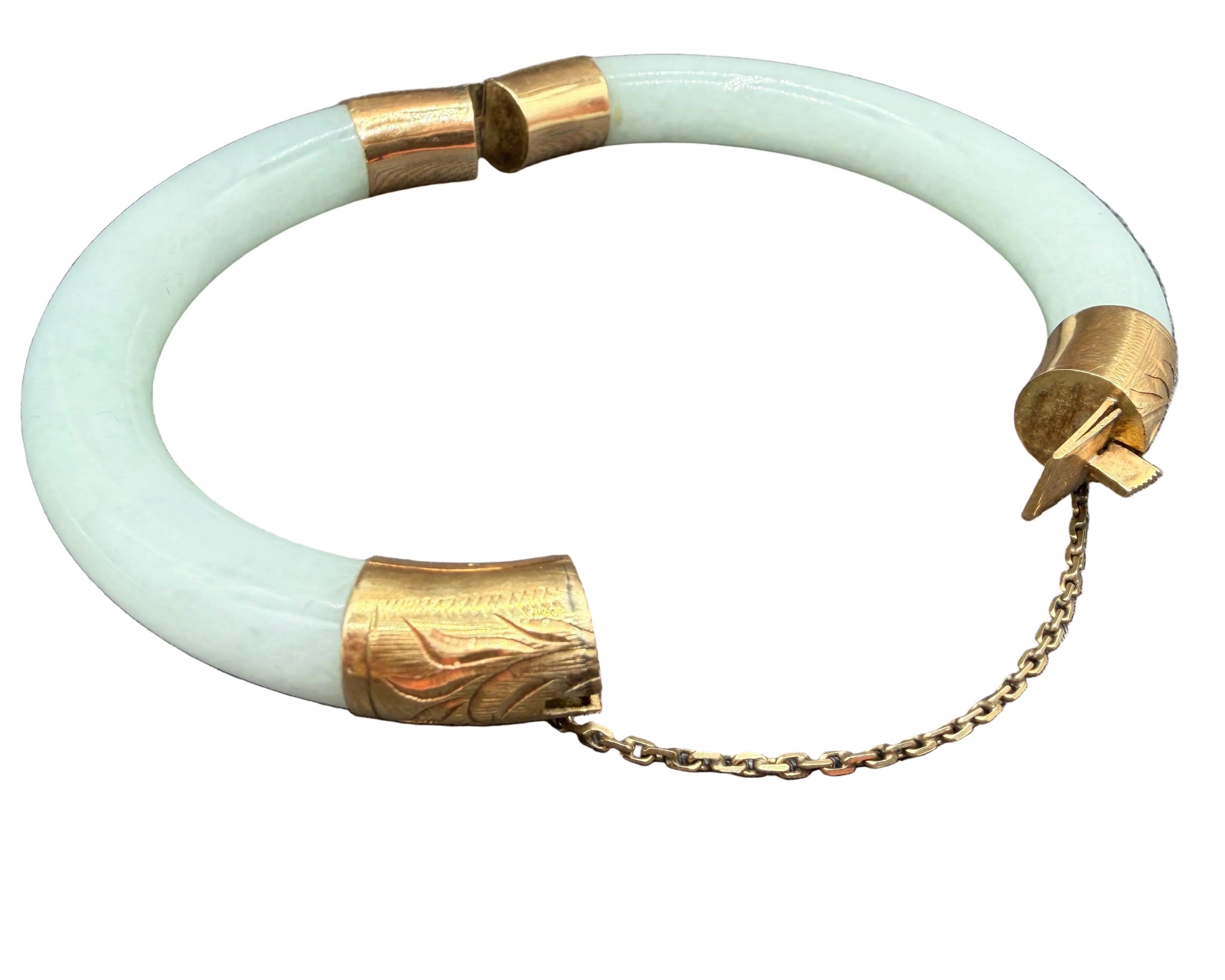 1950s White Jade Hinged Bangle Bracelet with 14K Gold Accents