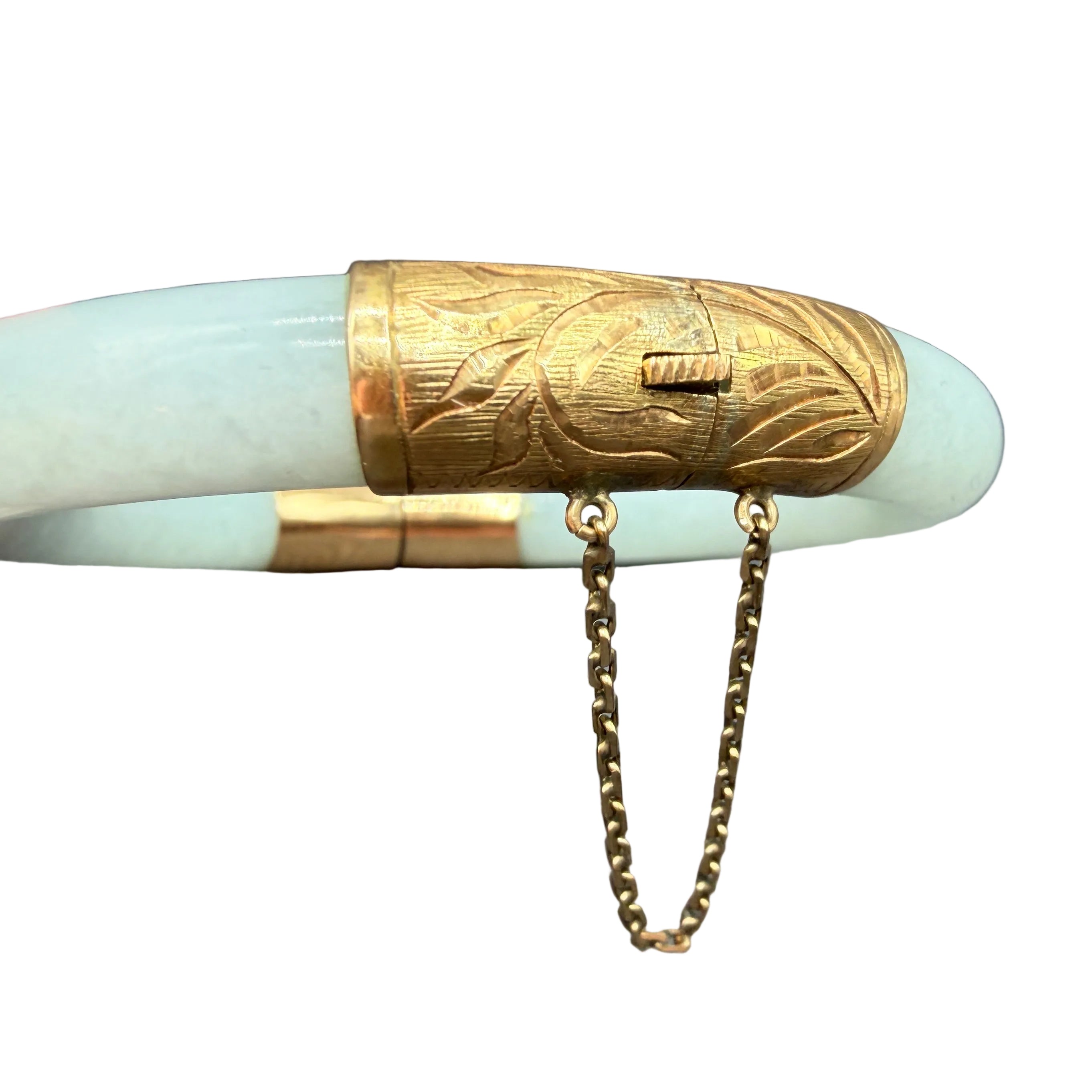 1950s White Jade Hinged Bangle Bracelet with 14K Gold Accents