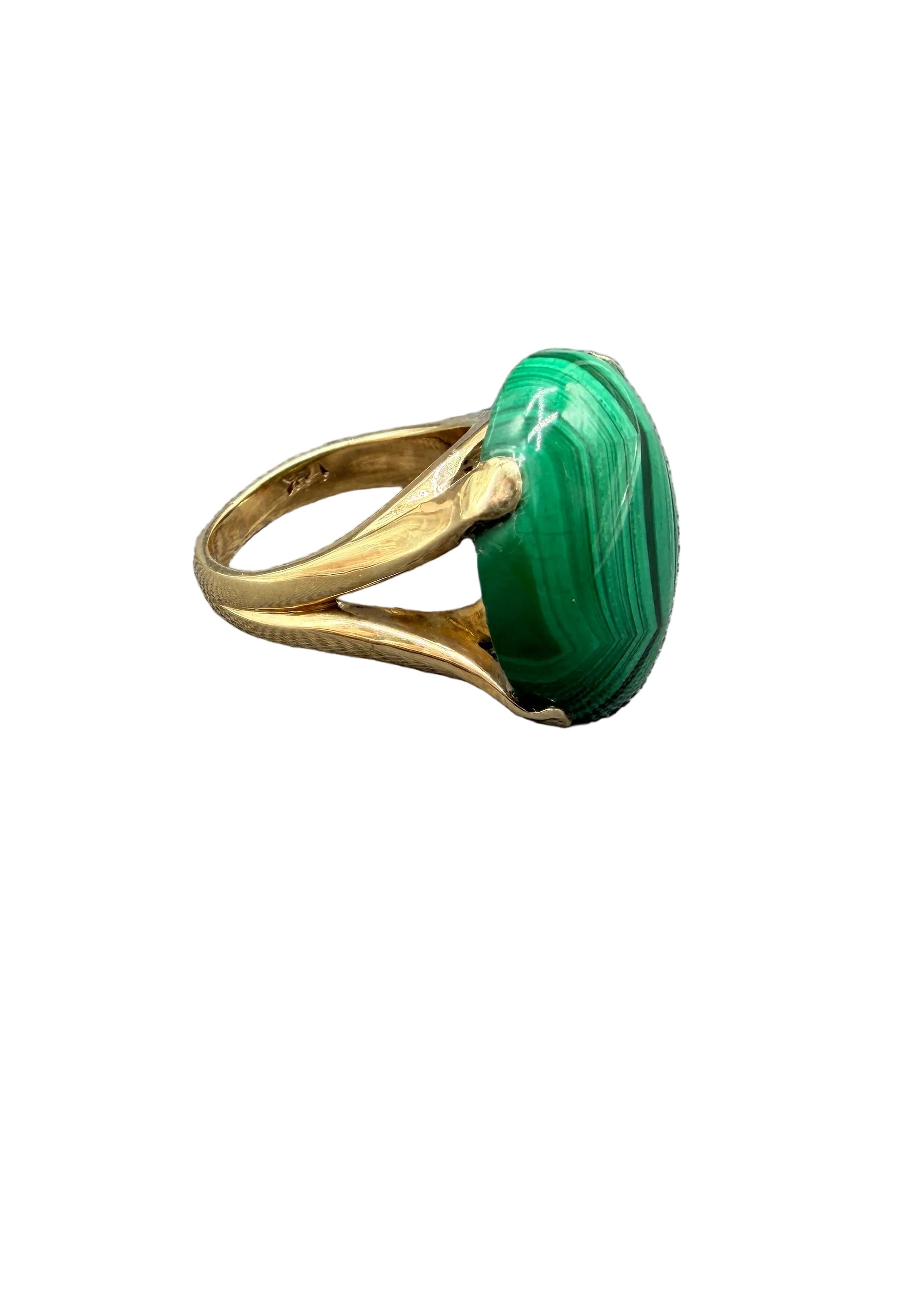 Art Deco 14K Gold High-Prong Malachite Cabochon Ring