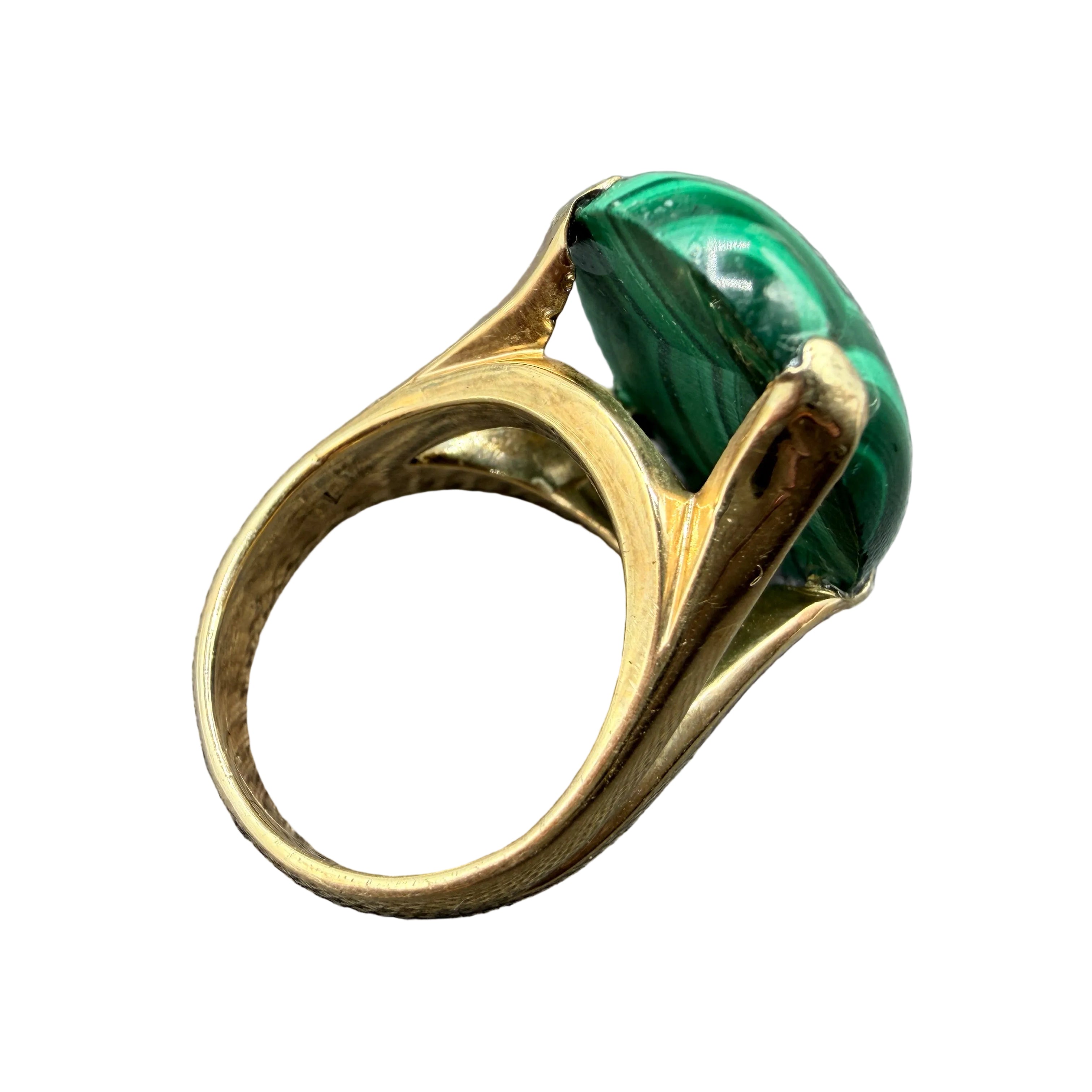 Art Deco 14K Gold High-Prong Malachite Cabochon Ring