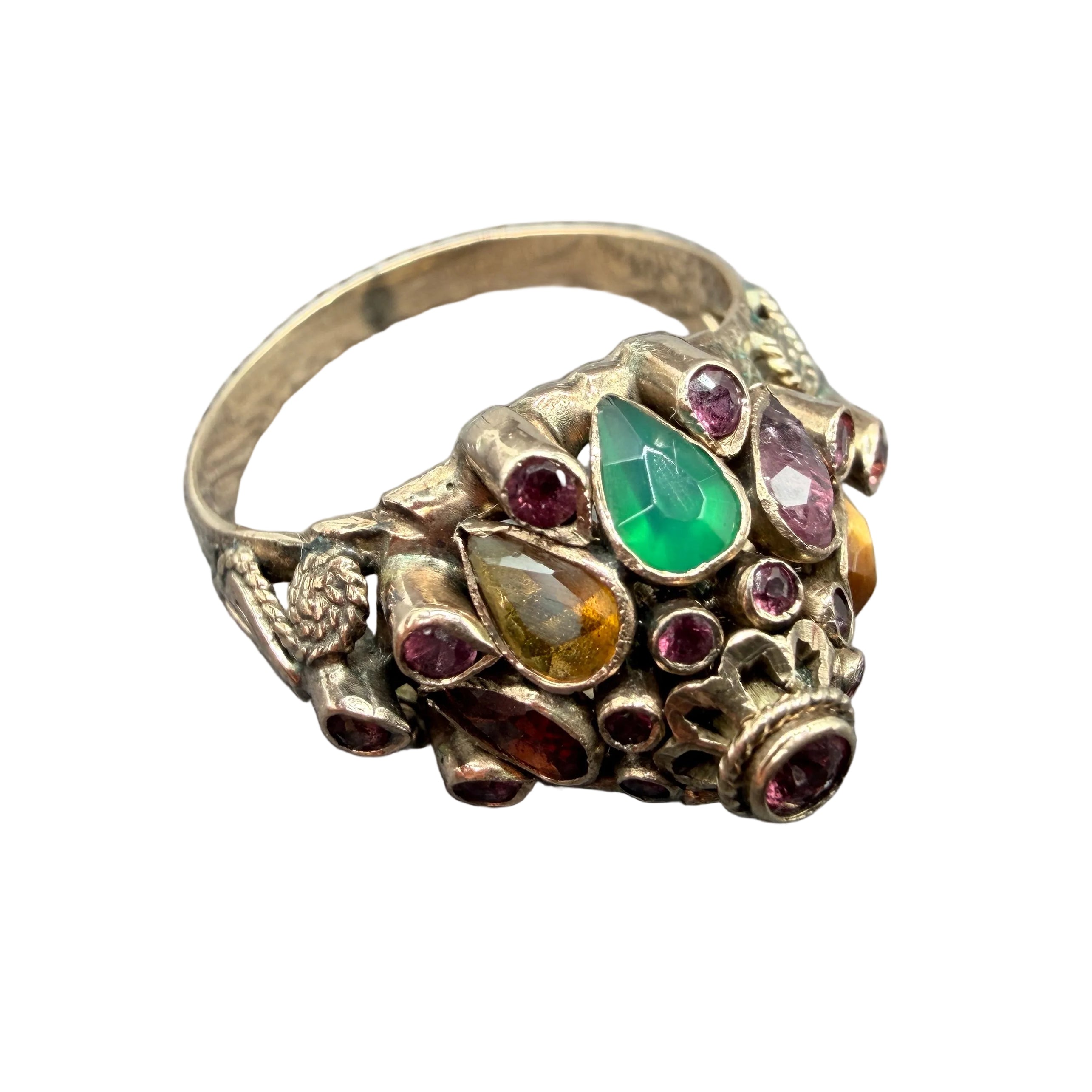 1920s 18K Gold Thai Princess Pyramid Ring with Emeralds, Rubies, Sapphires, Topaz, Citrine & Tiger's Eye