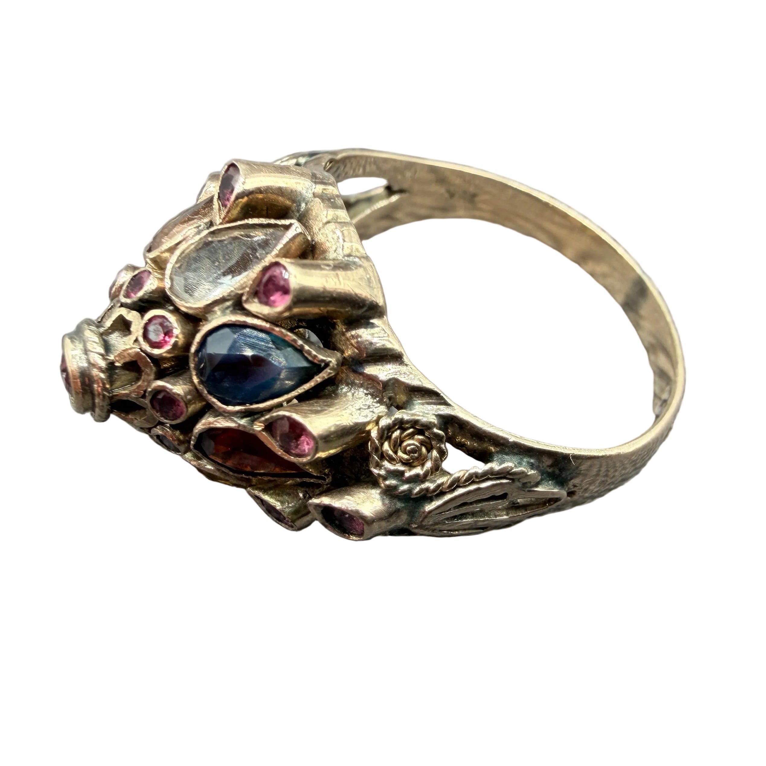 1920s 18K Gold Thai Princess Pyramid Ring with Emeralds, Rubies, Sapphires, Topaz, Citrine & Tiger's Eye