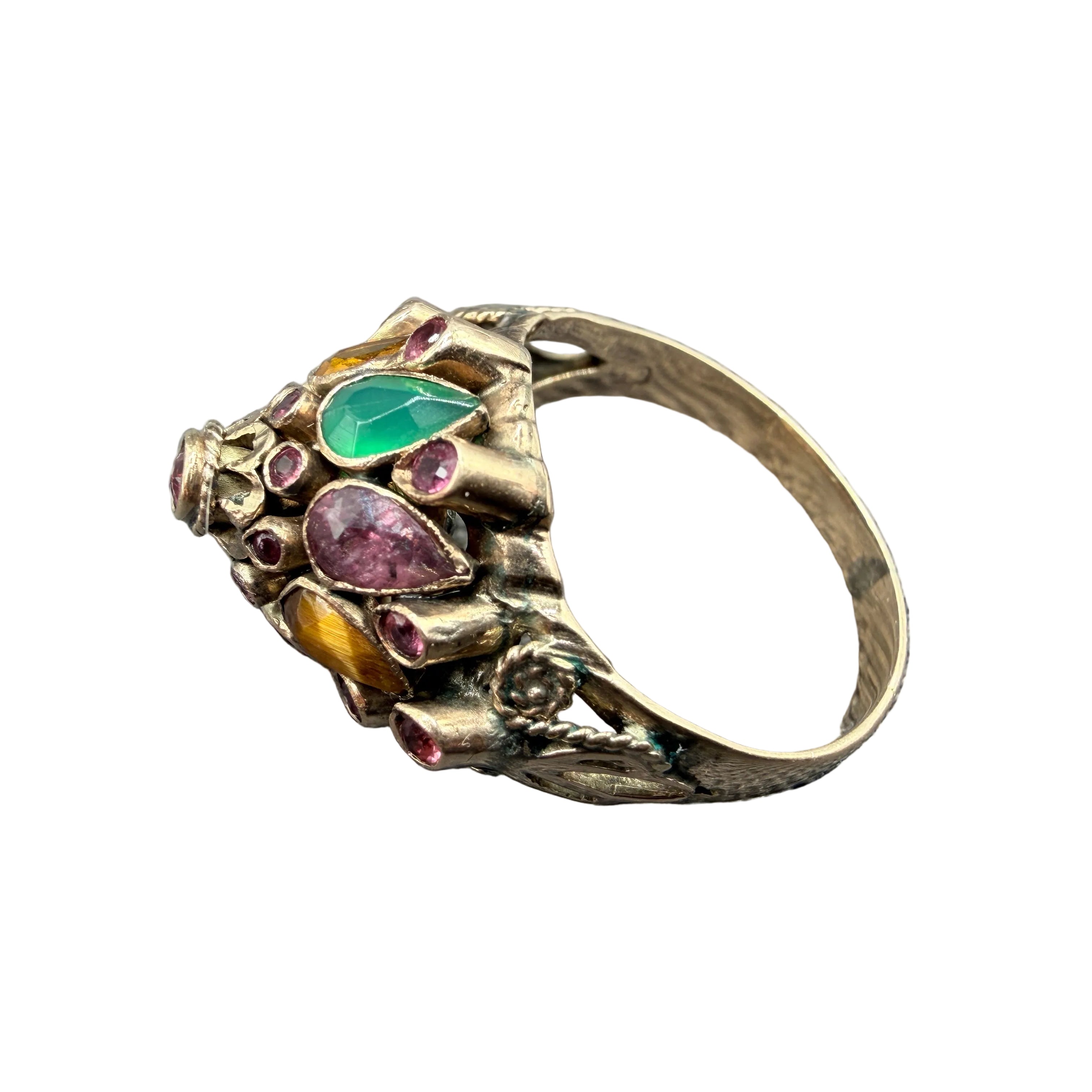 1920s 18K Gold Thai Princess Pyramid Ring with Emeralds, Rubies, Sapphires, Topaz, Citrine & Tiger's Eye