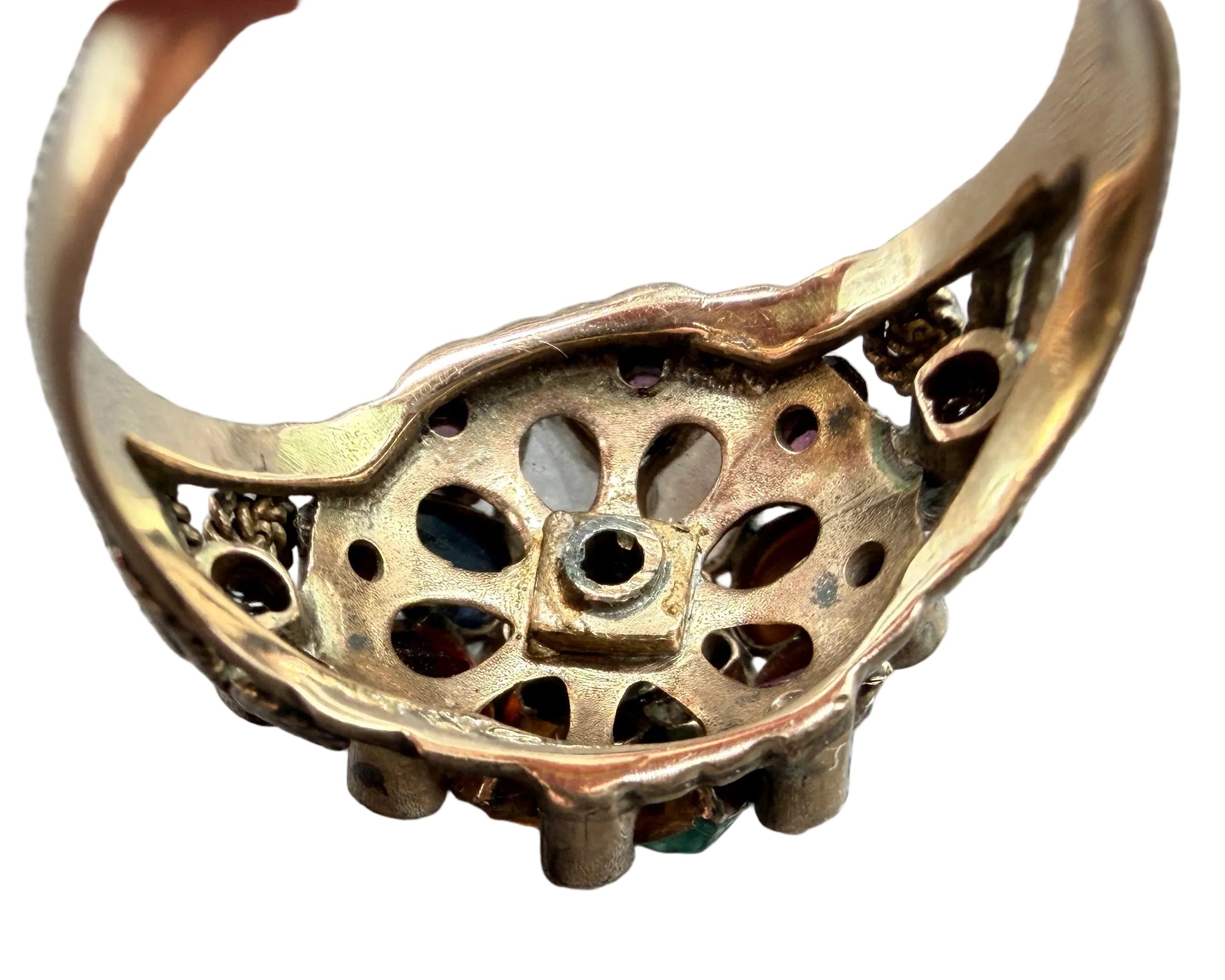 1920s 18K Gold Thai Princess Pyramid Ring with Emeralds, Rubies, Sapphires, Topaz, Citrine & Tiger's Eye