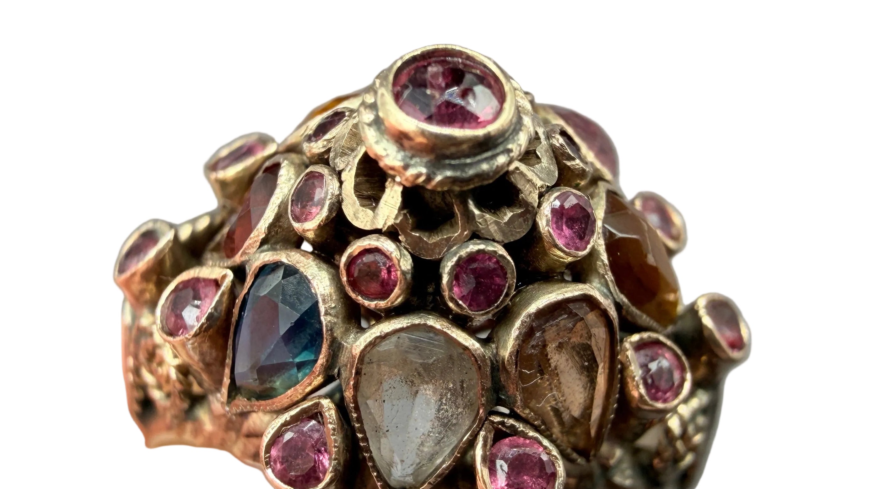 1920s 18K Gold Thai Princess Pyramid Ring with Emeralds, Rubies, Sapphires, Topaz, Citrine & Tiger's Eye