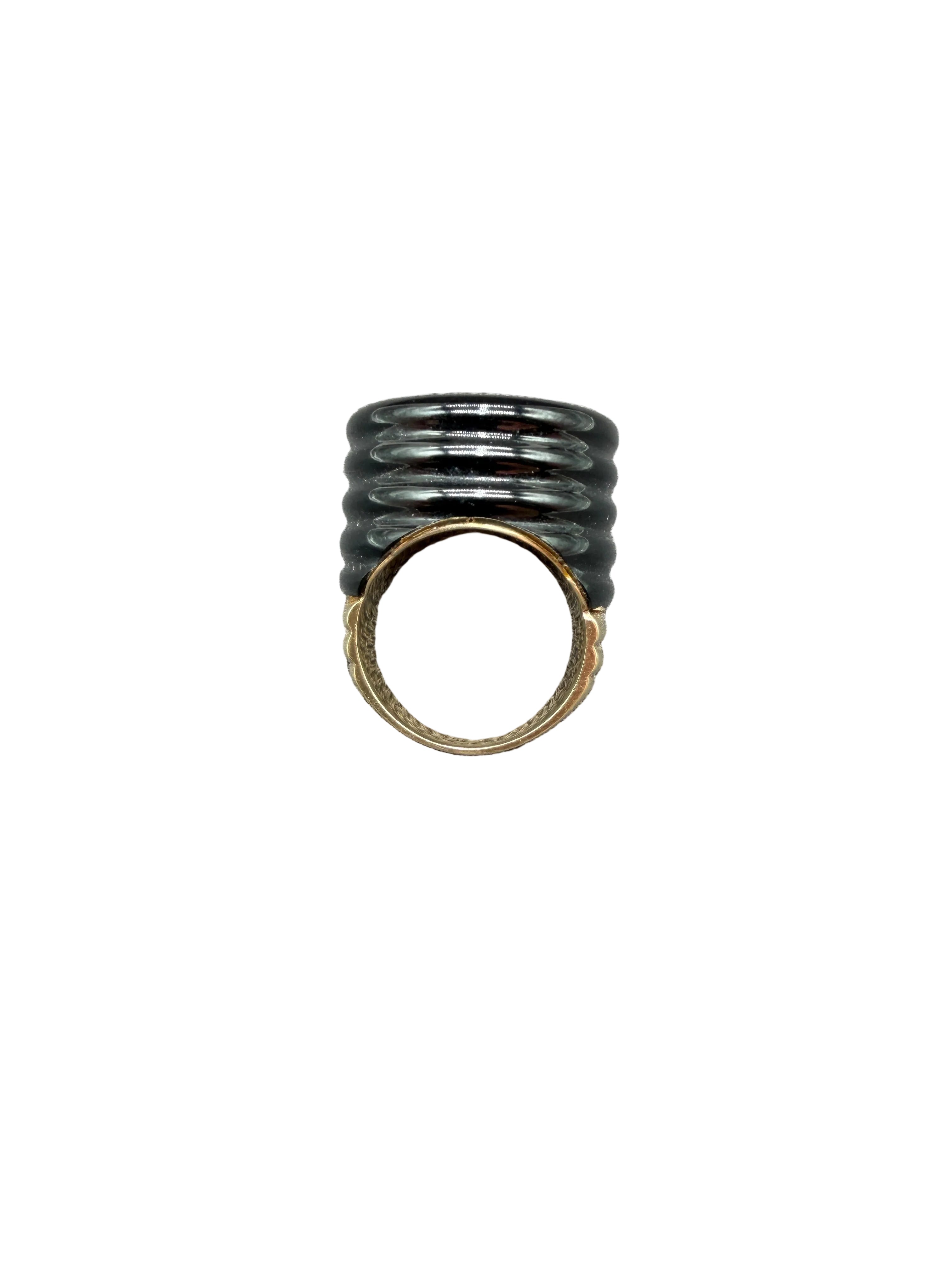 Fred Paris Art Deco-Style 1940s 14K Gold Ring with Carved Onyx Shoulders & Pavé Diamond Top