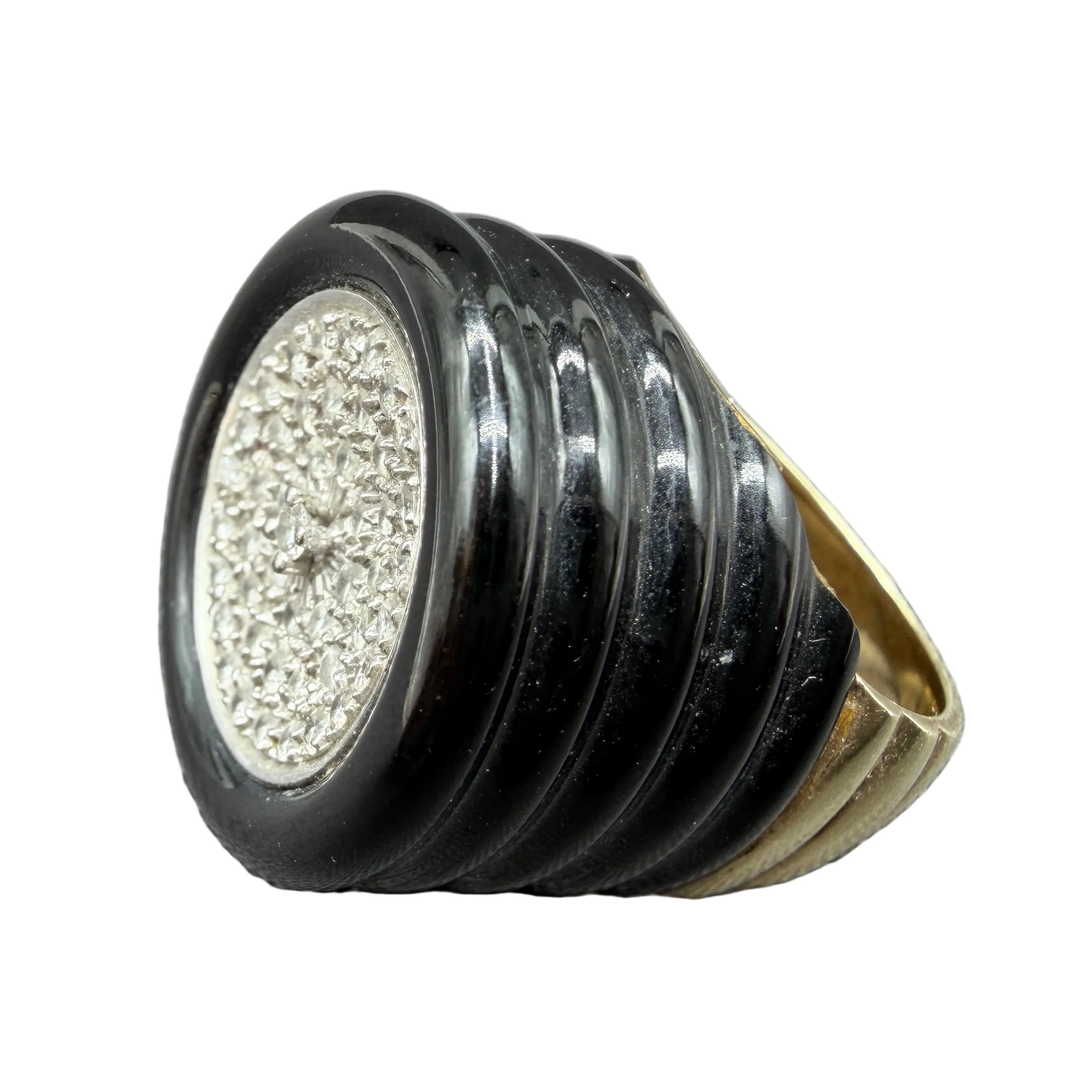 Fred Paris Art Deco-Style 1940s 14K Gold Ring with Carved Onyx Shoulders & Pavé Diamond Top