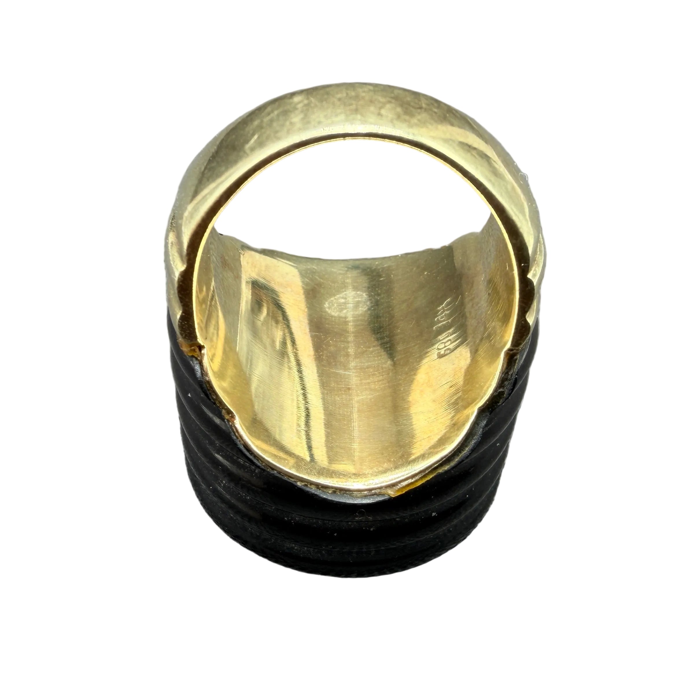 Fred Paris Art Deco-Style 1940s 14K Gold Ring with Carved Onyx Shoulders & Pavé Diamond Top