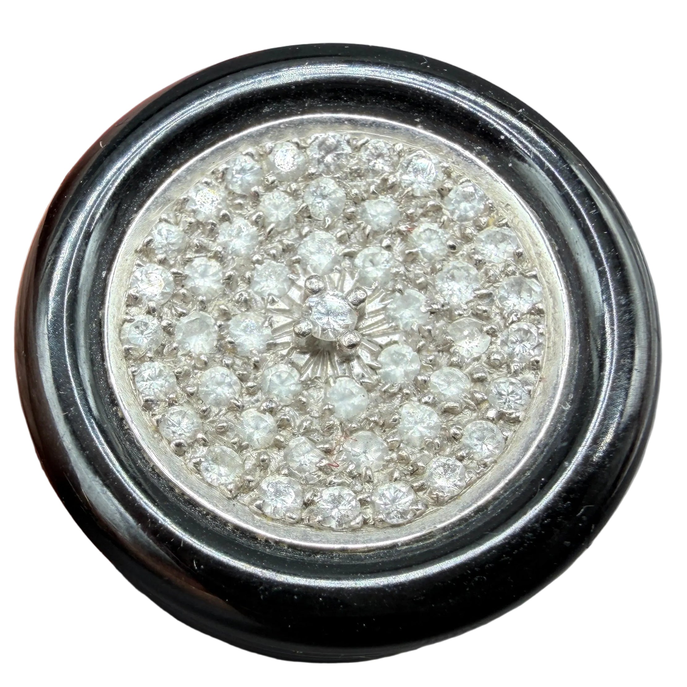 Fred Paris Art Deco-Style 1940s 14K Gold Ring with Carved Onyx Shoulders & Pavé Diamond Top