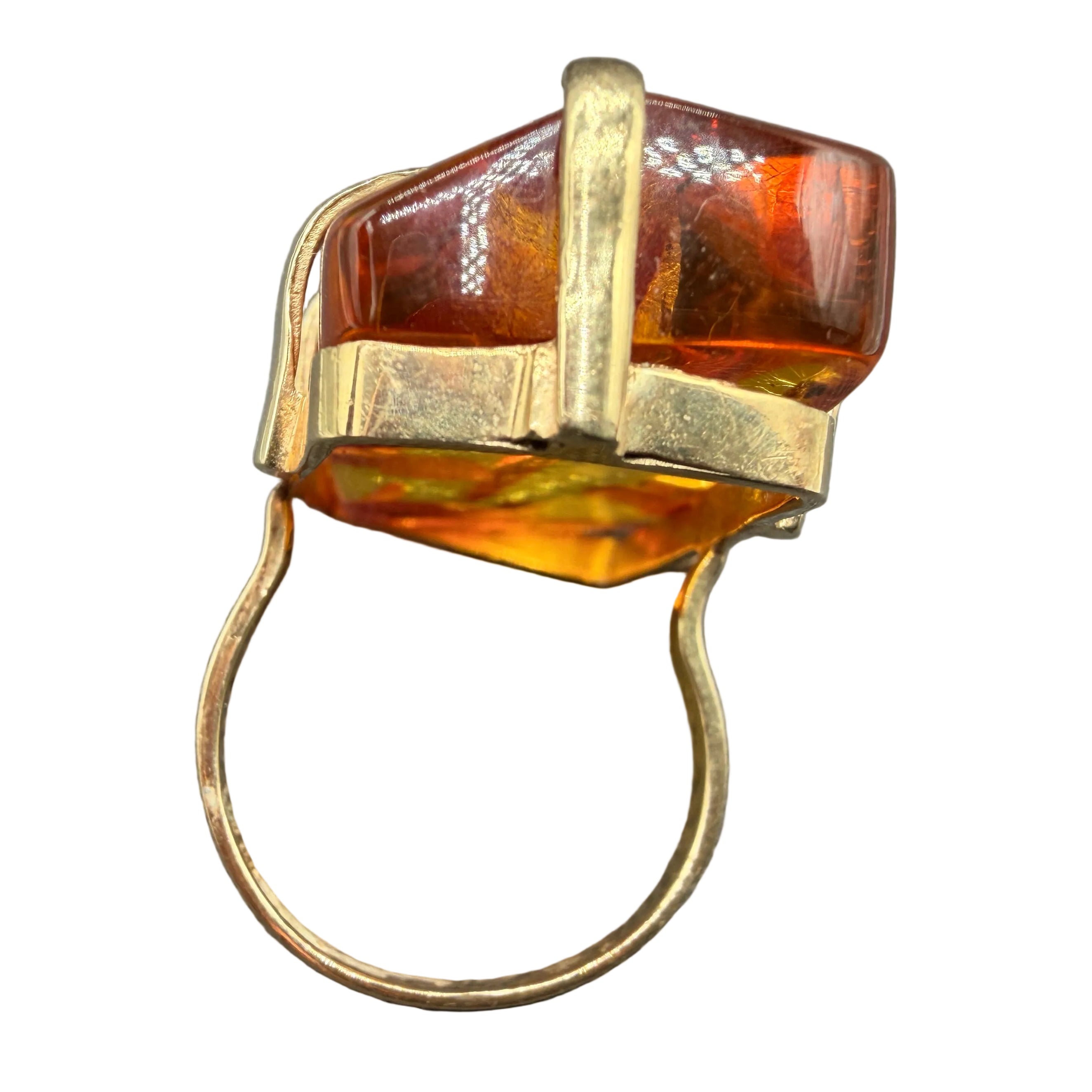 1970s 14K Gold Amber Ring with Sculptural Claw Prongs