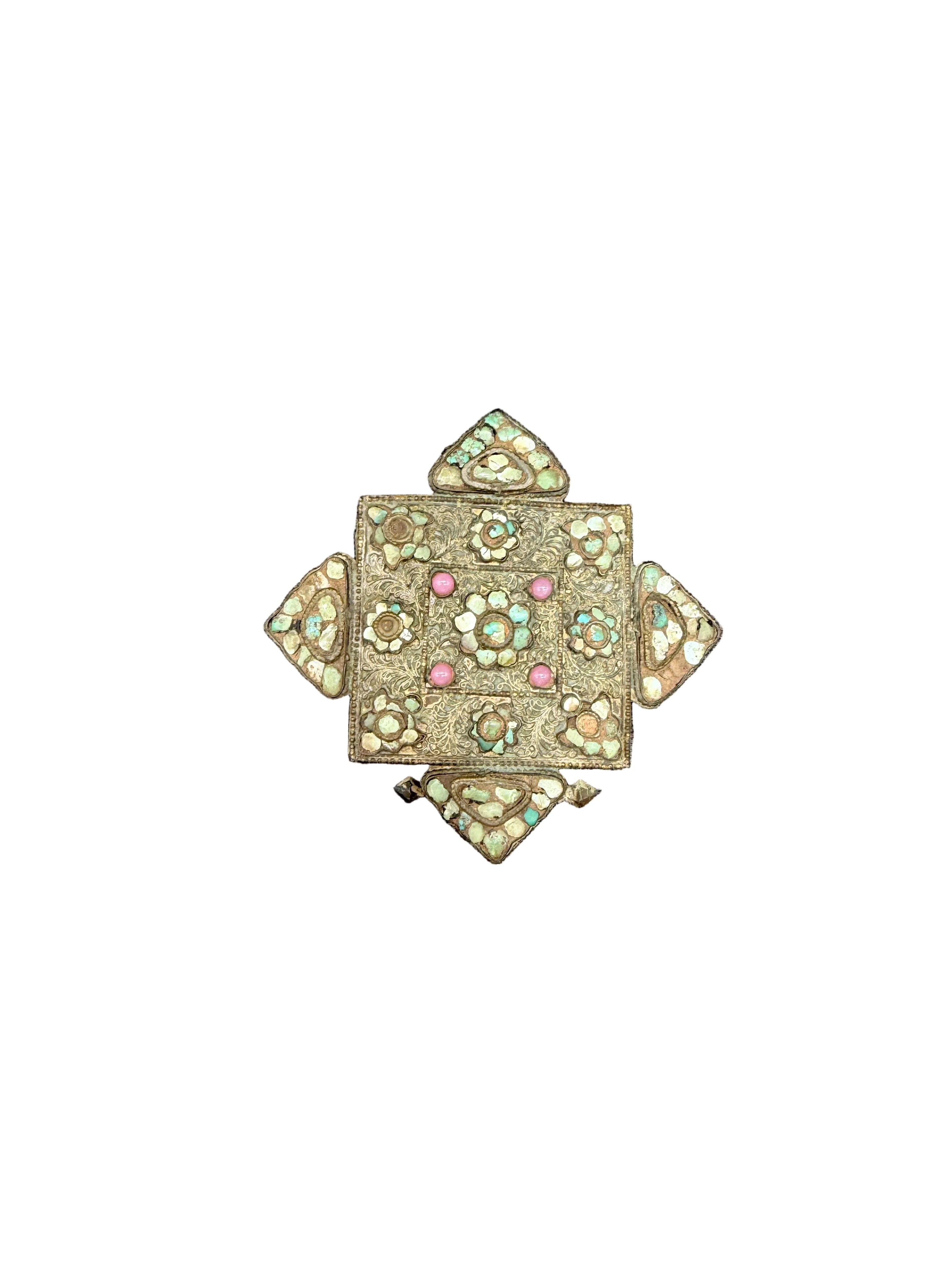 Antique Tibetan Gau Prayer Box Pendant with Turquoise & Rose Quartz