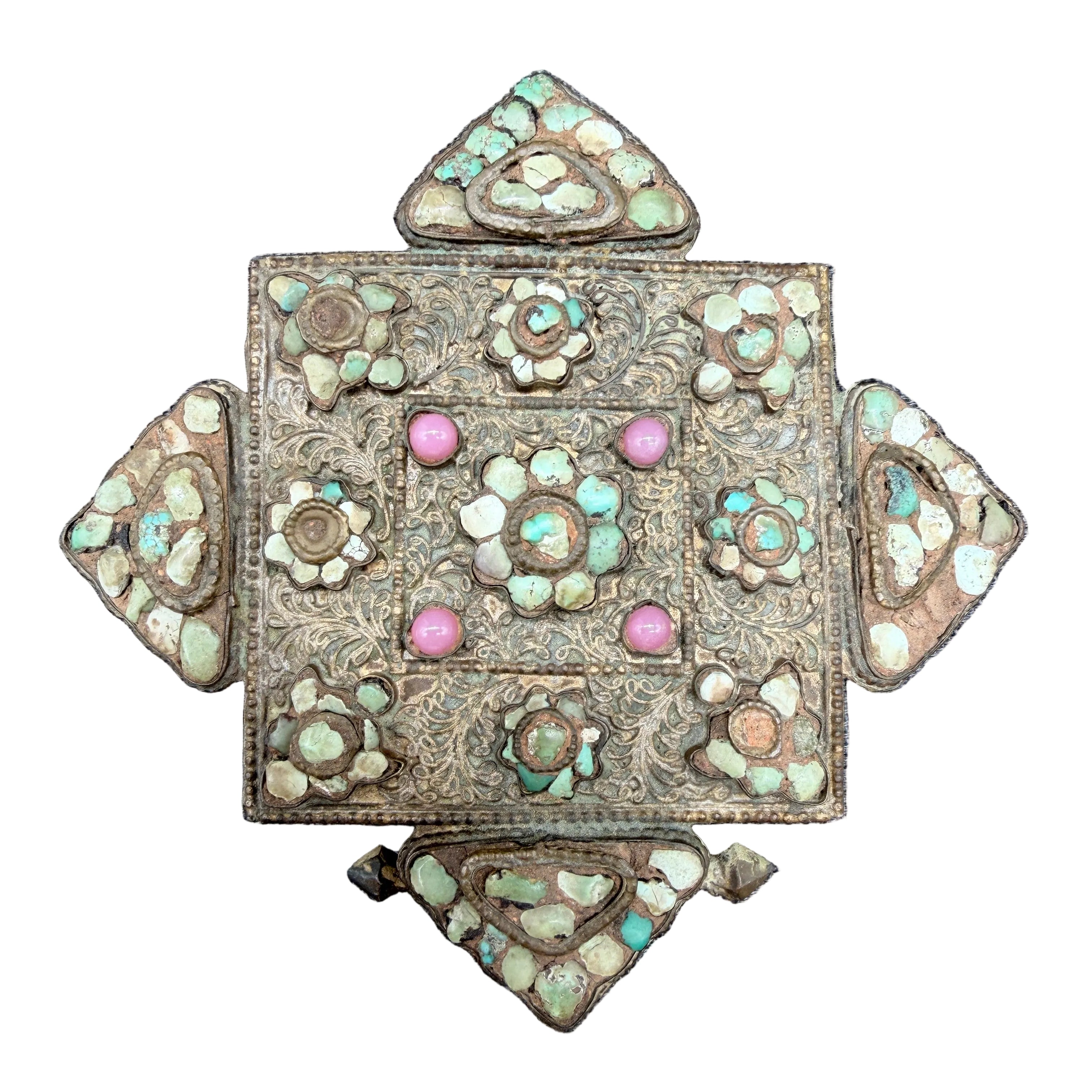 Antique Tibetan Gau Prayer Box Pendant with Turquoise & Rose Quartz