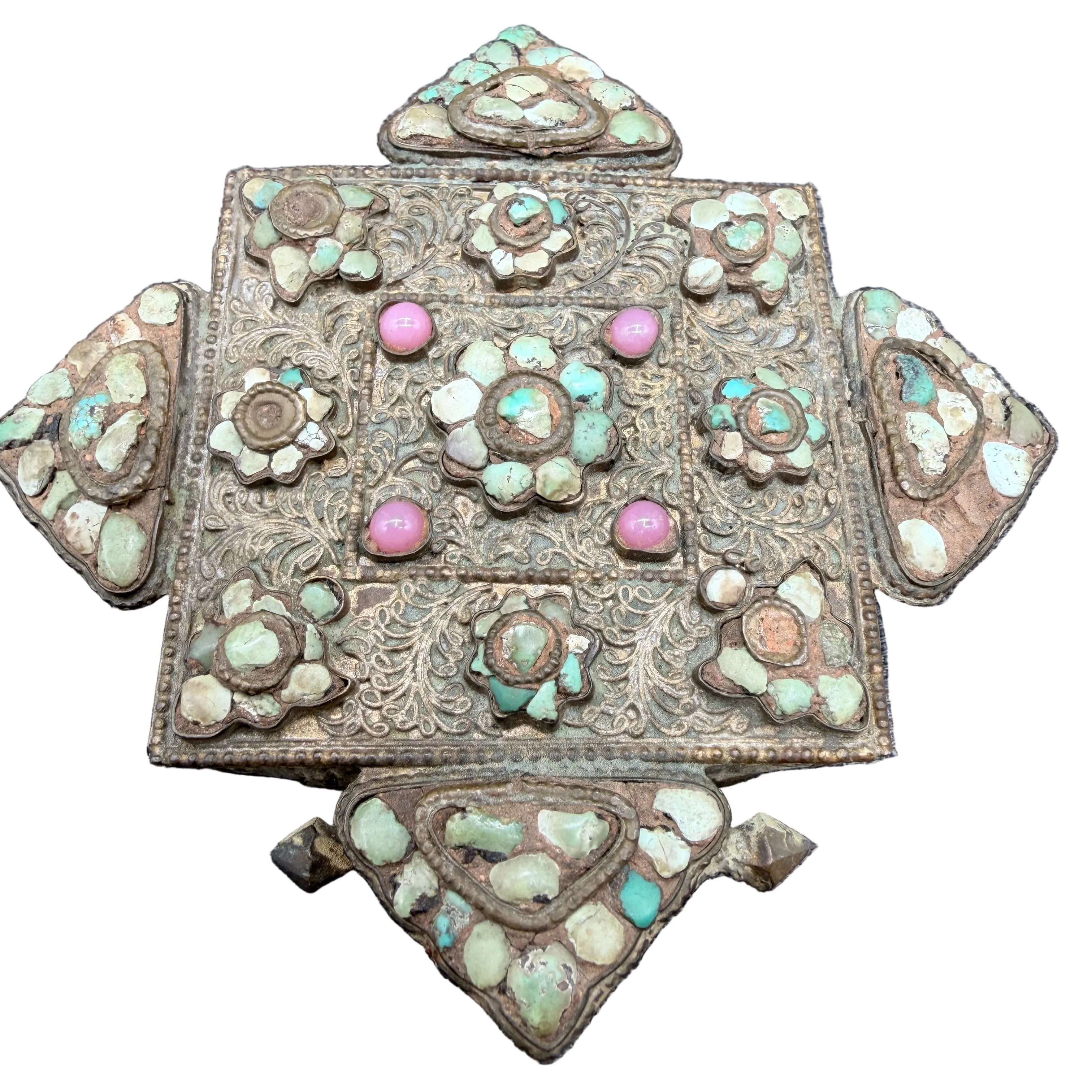 Antique Tibetan Gau Prayer Box Pendant with Turquoise & Rose Quartz