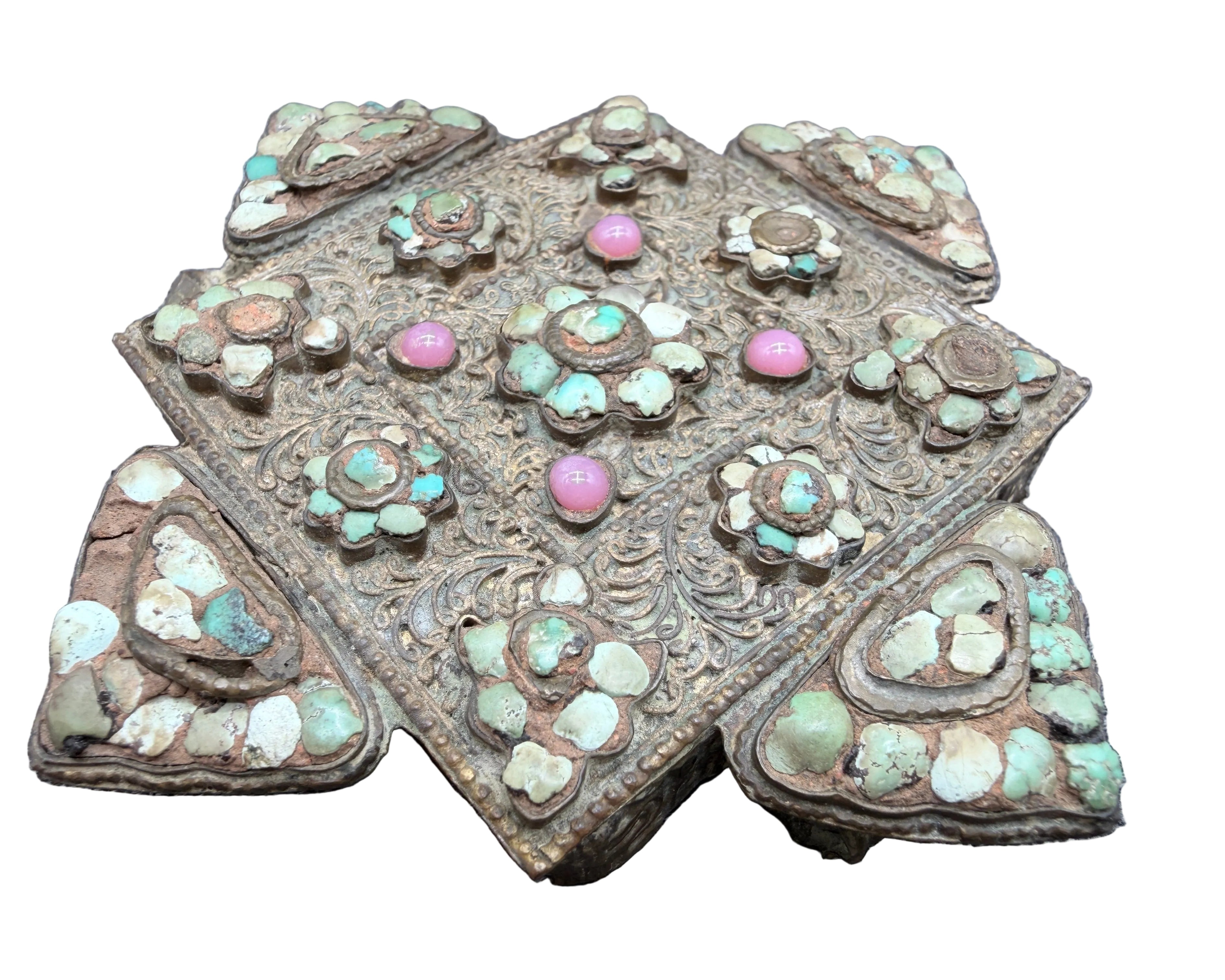 Antique Tibetan Gau Prayer Box Pendant with Turquoise & Rose Quartz