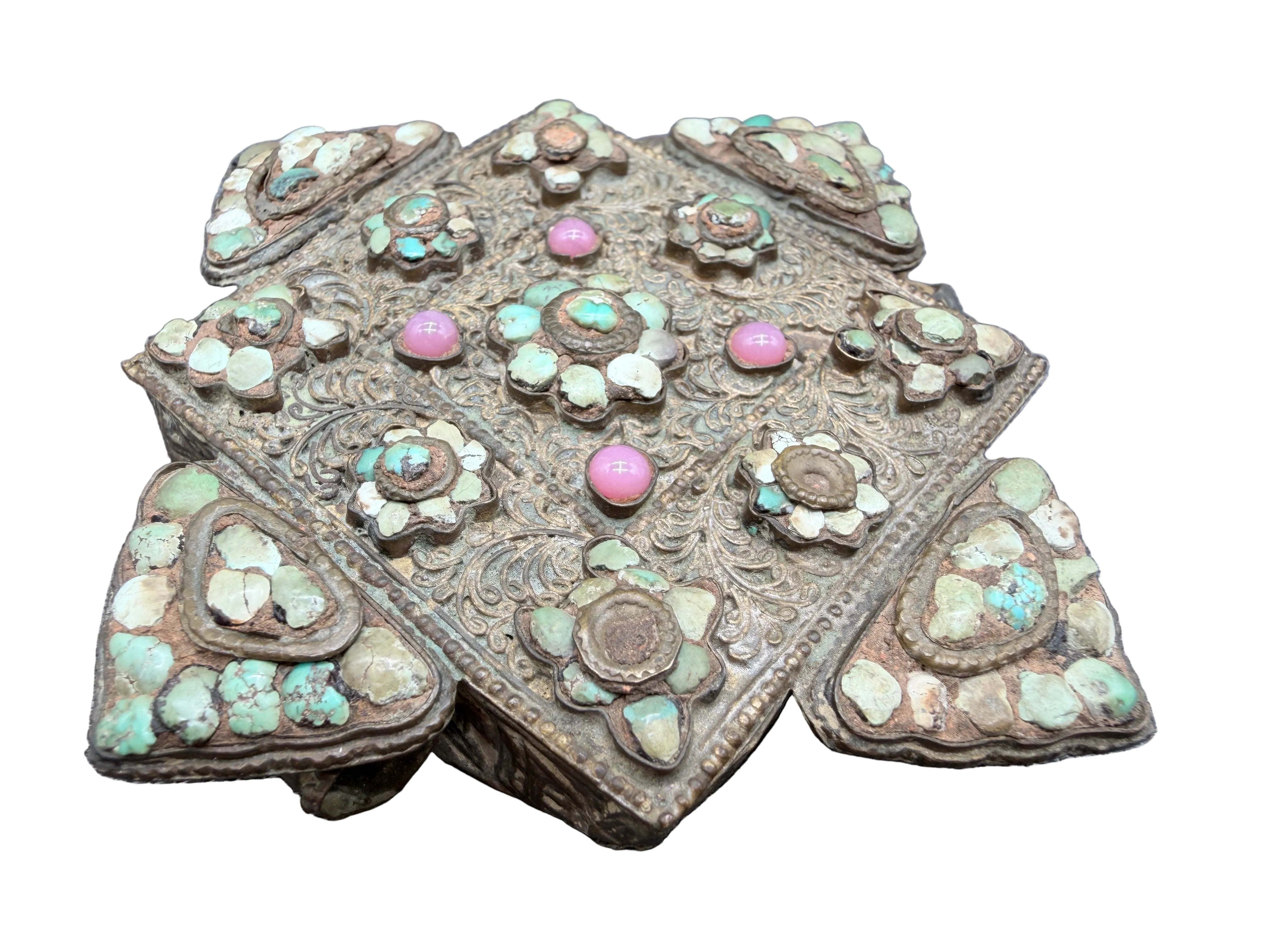Antique Tibetan Gau Prayer Box Pendant with Turquoise & Rose Quartz