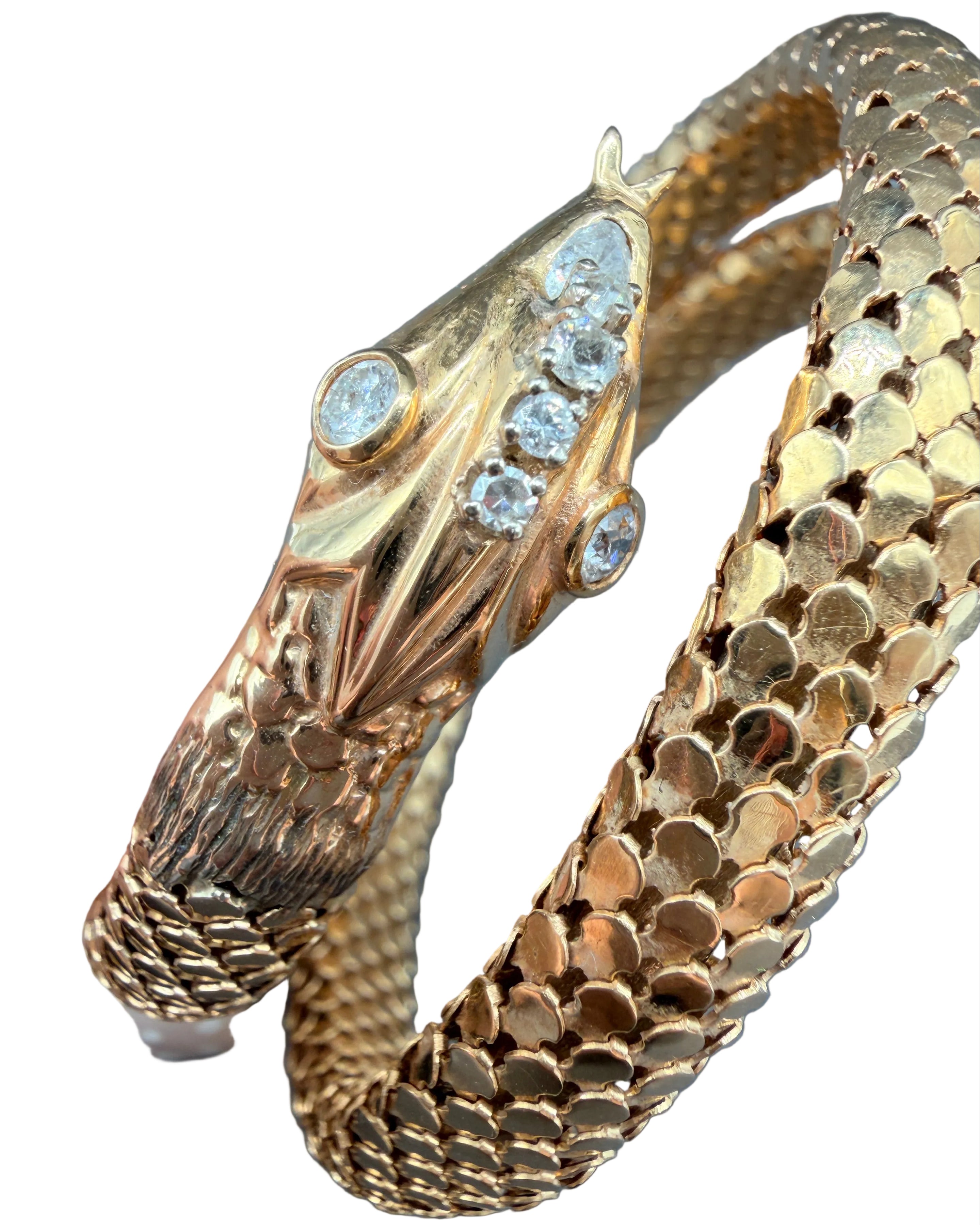 Antique Italian 18K Gold Snake Wrap Bracelet with Diamond Eyes, Head & Nose with Sculpted Head