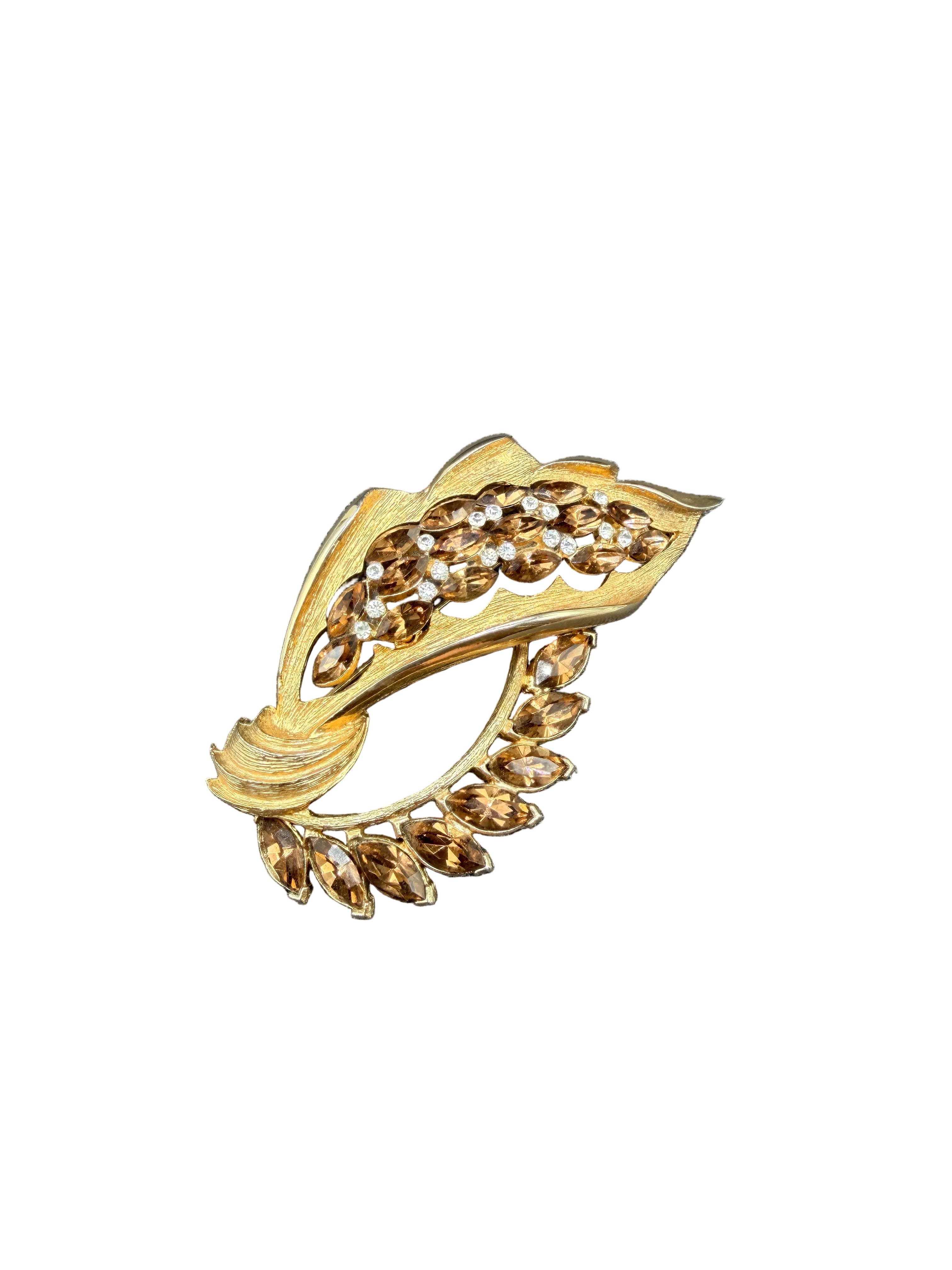 1950s Ciner Gold-Tone Leaf & Vine Brooch with Amber Rhinestones