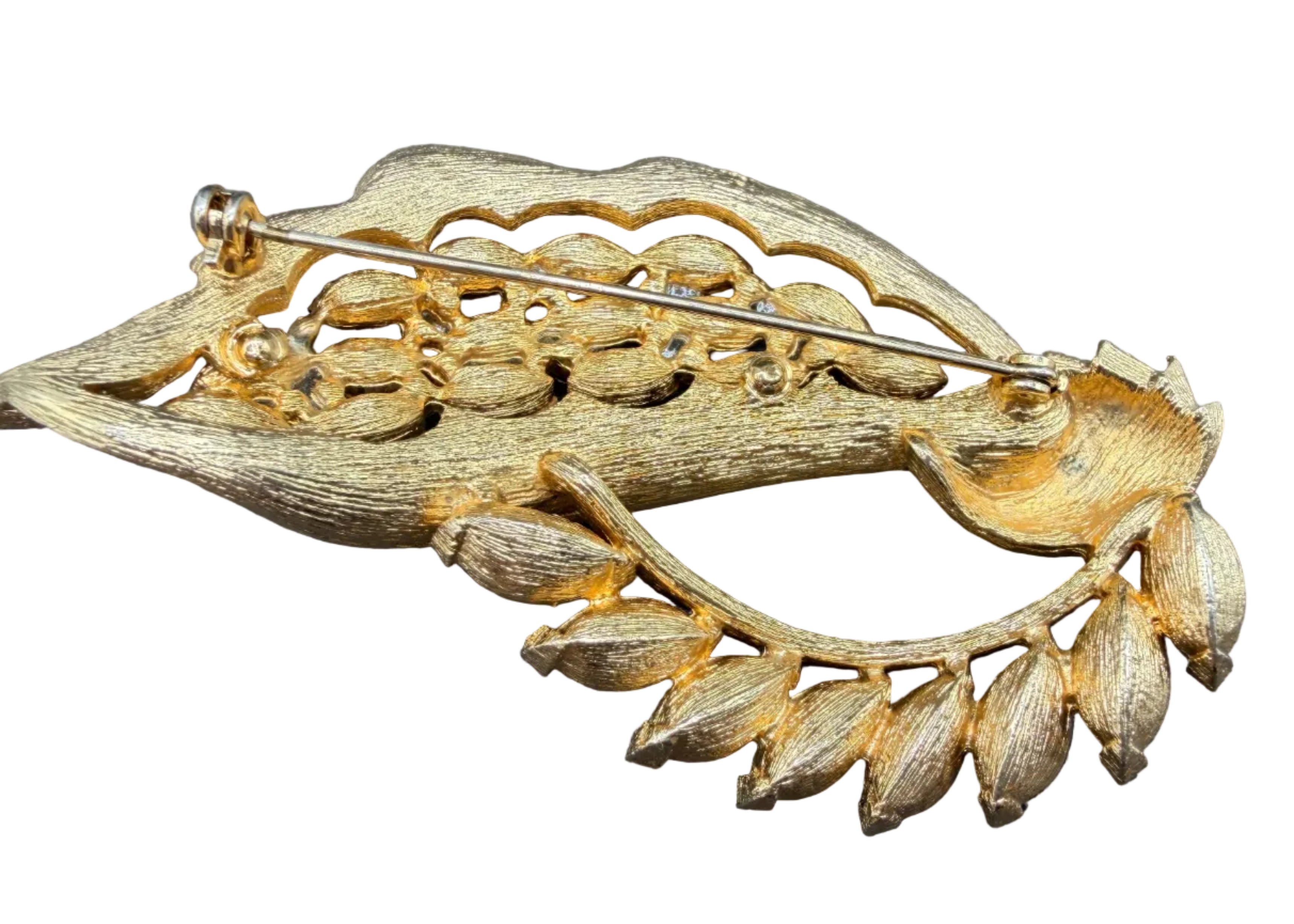 1950s Ciner Gold-Tone Leaf & Vine Brooch with Amber Rhinestones