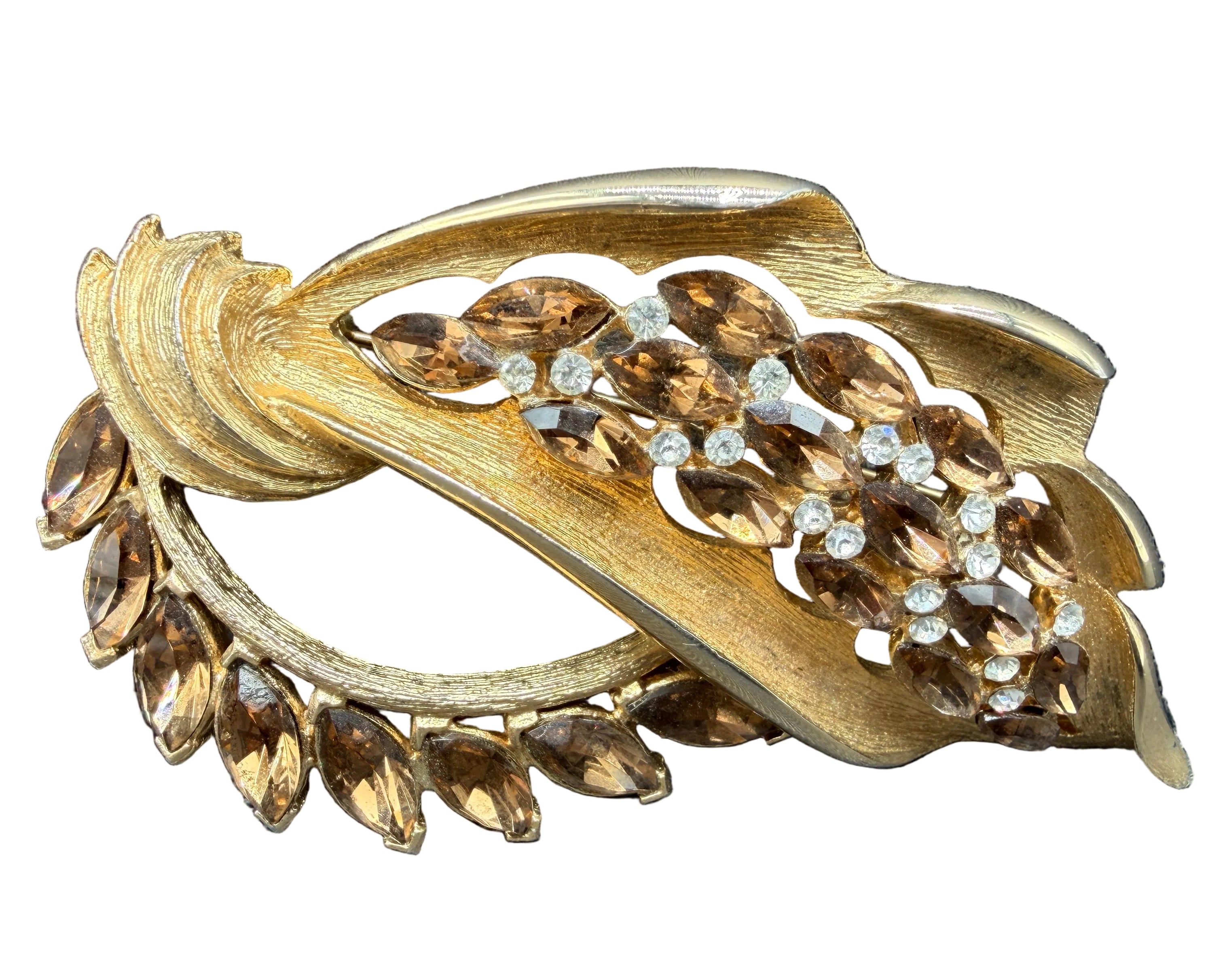 1950s Ciner Gold-Tone Leaf & Vine Brooch with Amber Rhinestones