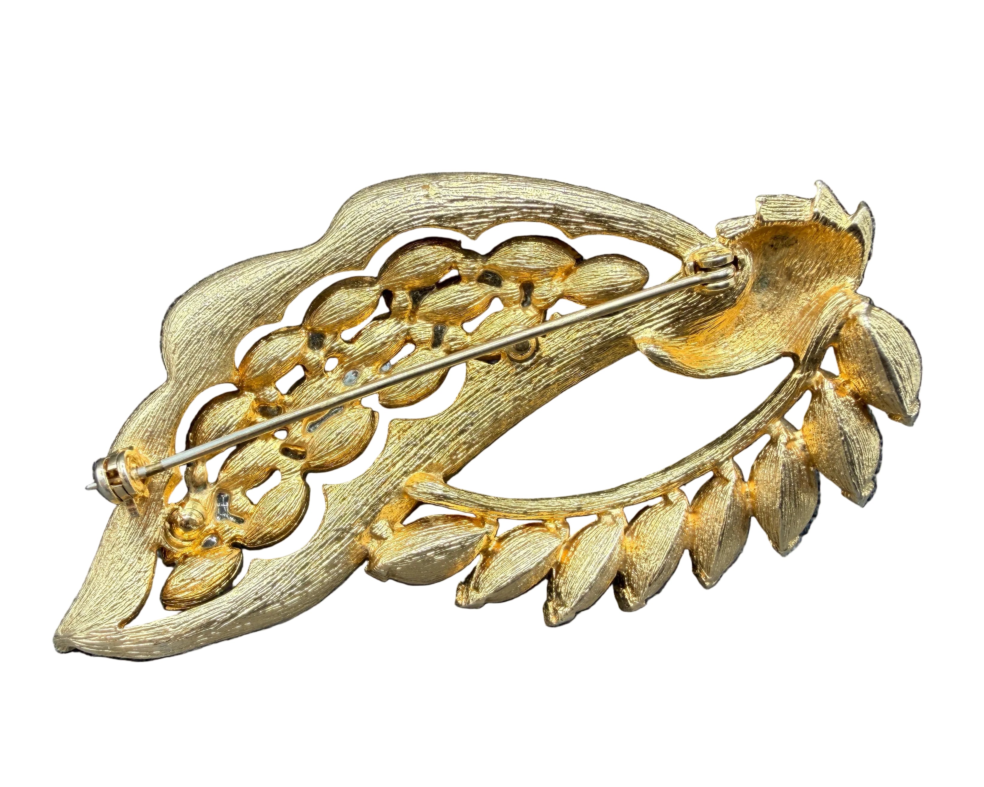 1950s Ciner Gold-Tone Leaf & Vine Brooch with Amber Rhinestones