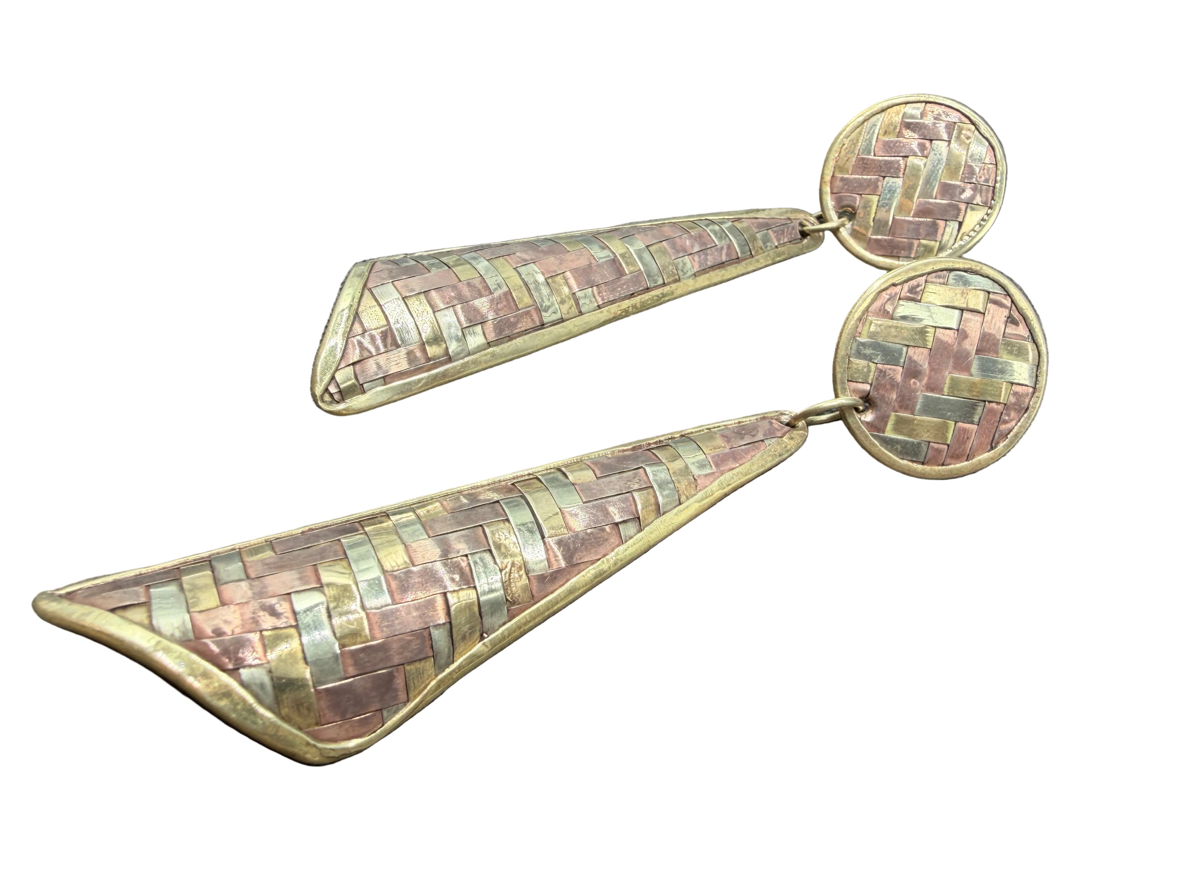 1970s Mixed Metal Brass, Copper & Sterling Silver Basket Weave Dangle Earrings