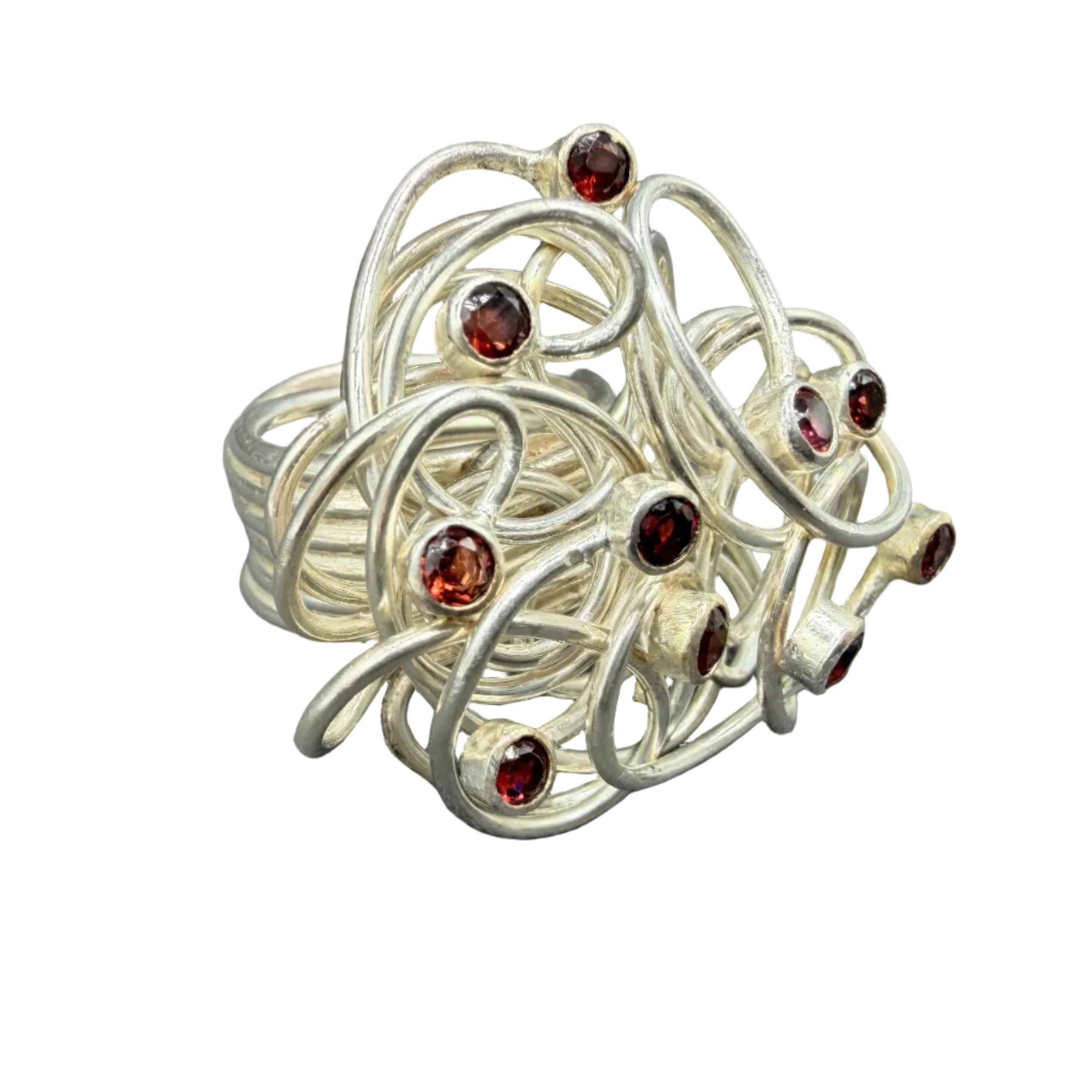 1970s Sterling Silver Wire Nest Ring with Ten Red Tourmalines