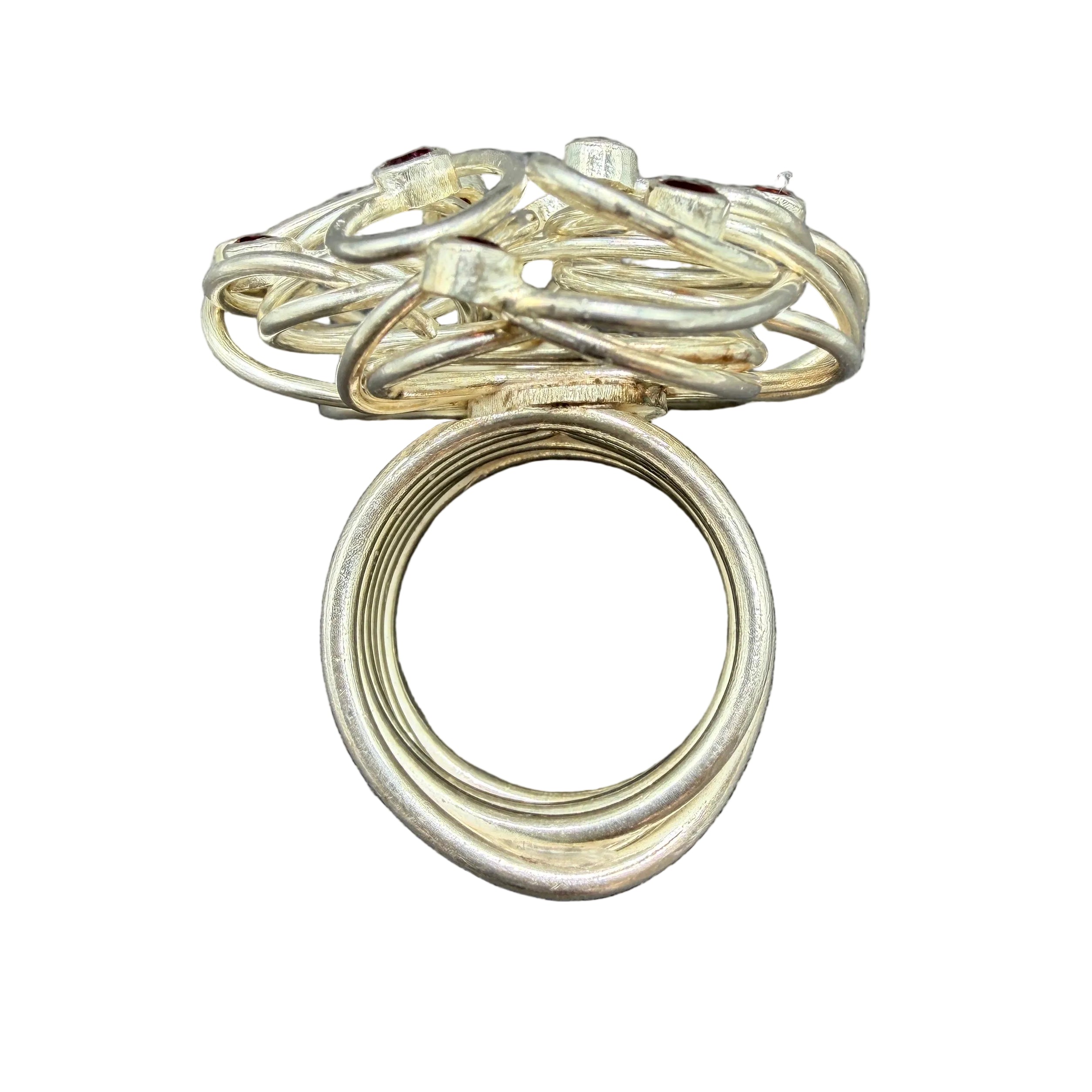 1970s Sterling Silver Wire Nest Ring with Ten Red Tourmalines