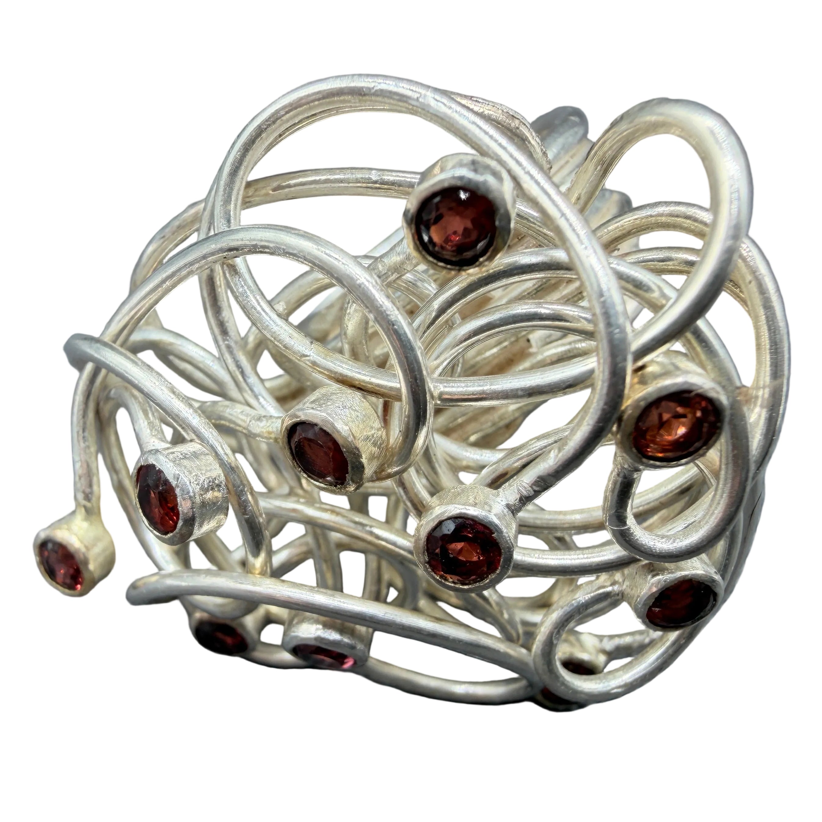1970s Sterling Silver Wire Nest Ring with Ten Red Tourmalines
