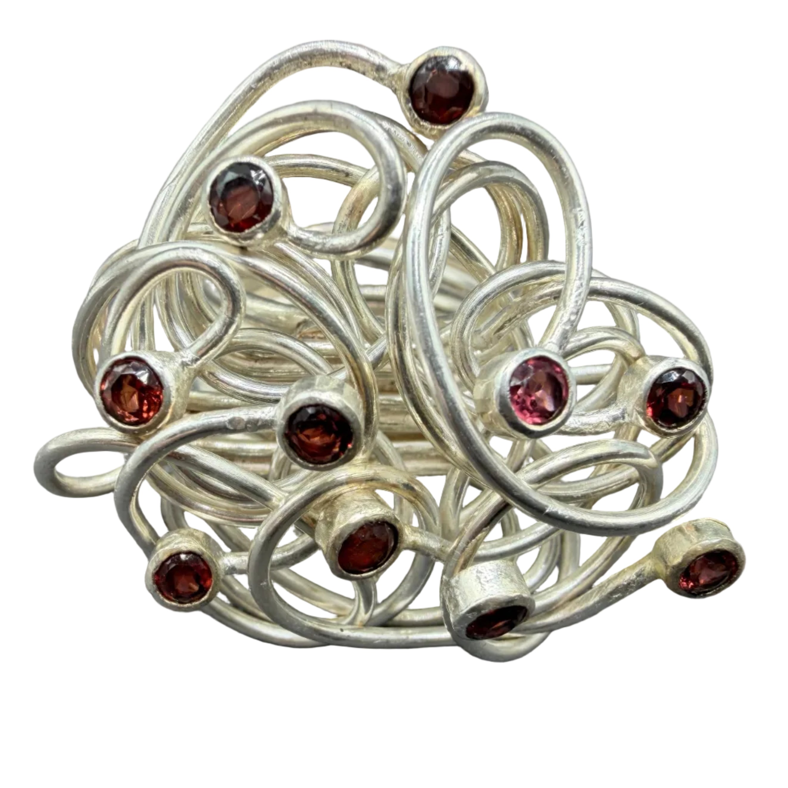 1970s Sterling Silver Wire Nest Ring with Ten Red Tourmalines