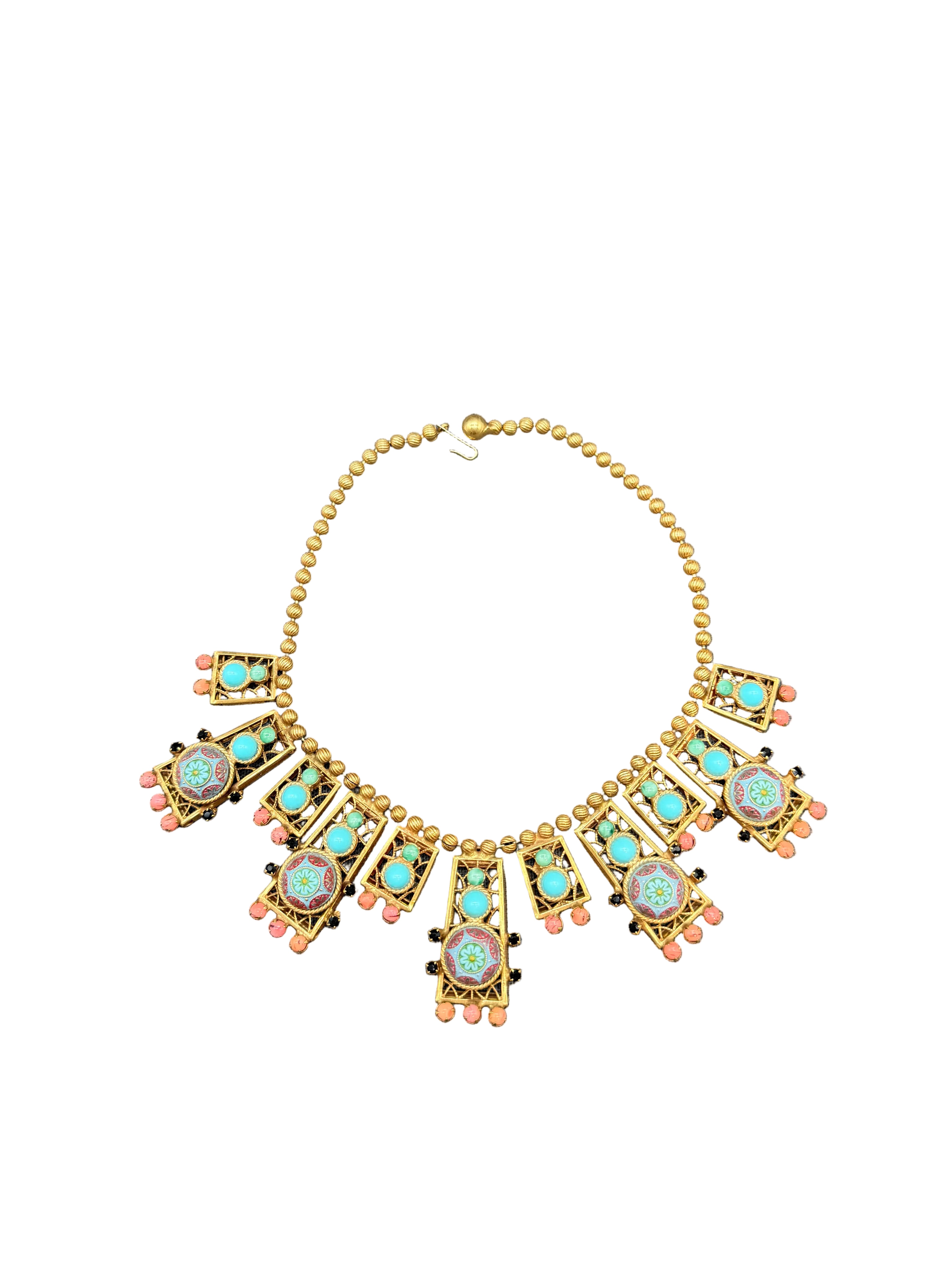 Rare 1970s Juliana by DeLizza & Elster "Moroccan Matrix" Bib Necklace with Turquoise & Coral Beads