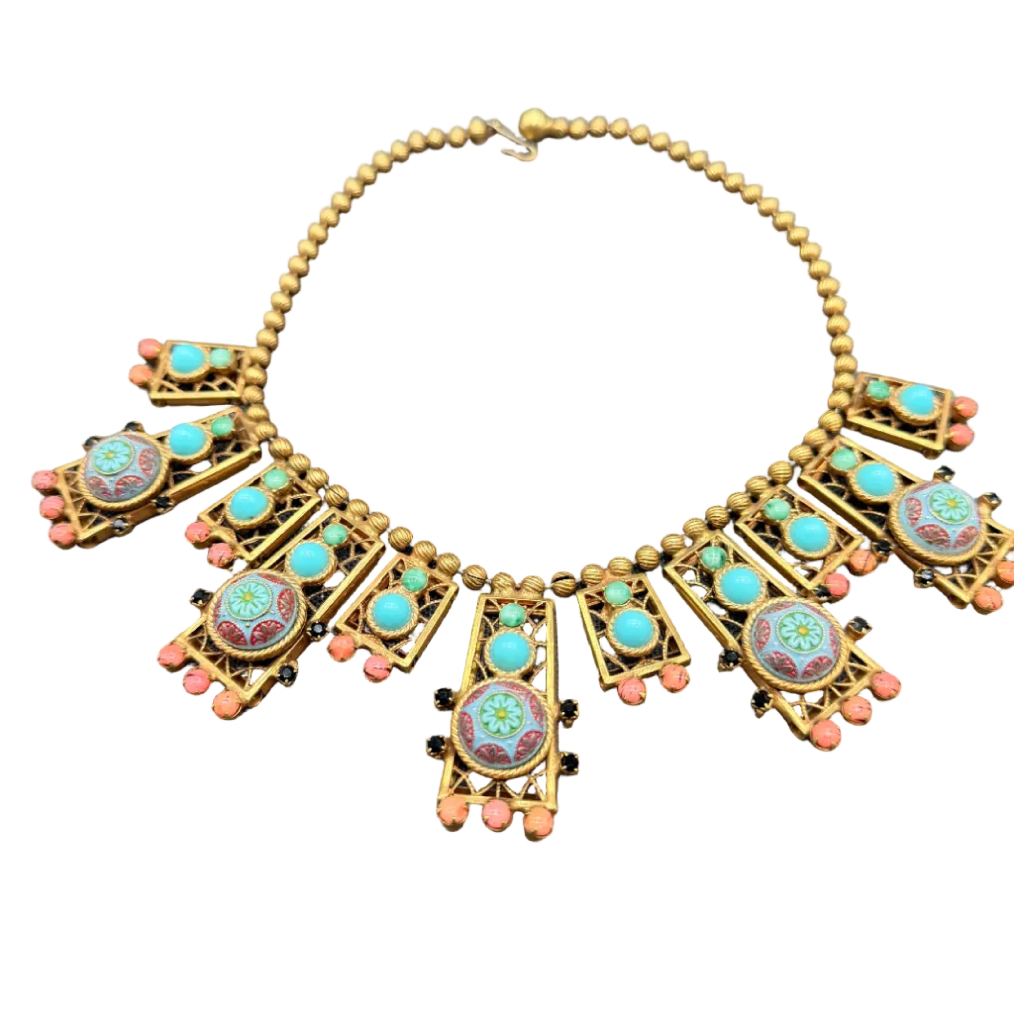Rare 1970s Juliana by DeLizza & Elster "Moroccan Matrix" Bib Necklace with Turquoise & Coral Beads