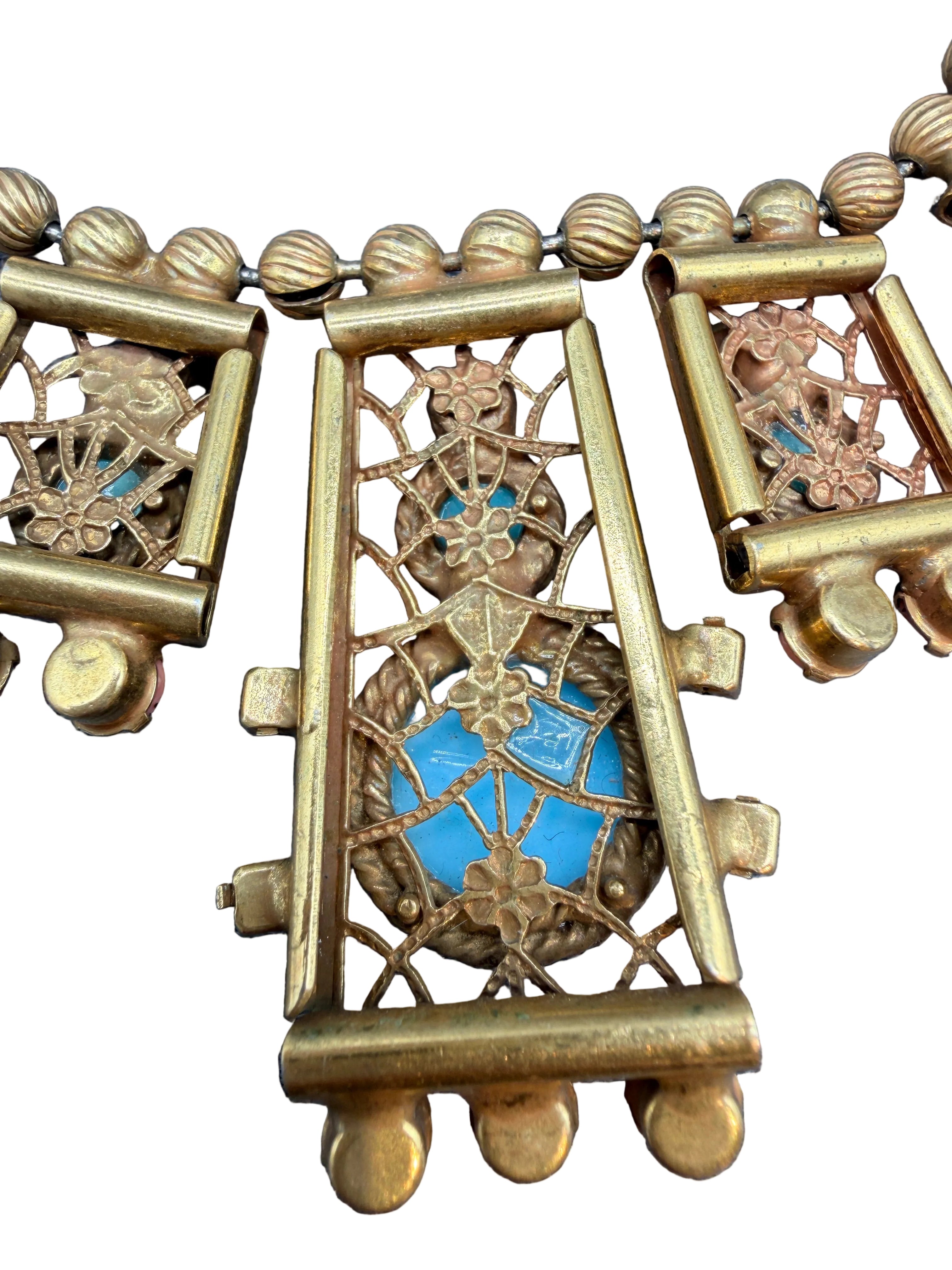 Rare 1970s Juliana by DeLizza & Elster "Moroccan Matrix" Bib Necklace with Turquoise & Coral Beads