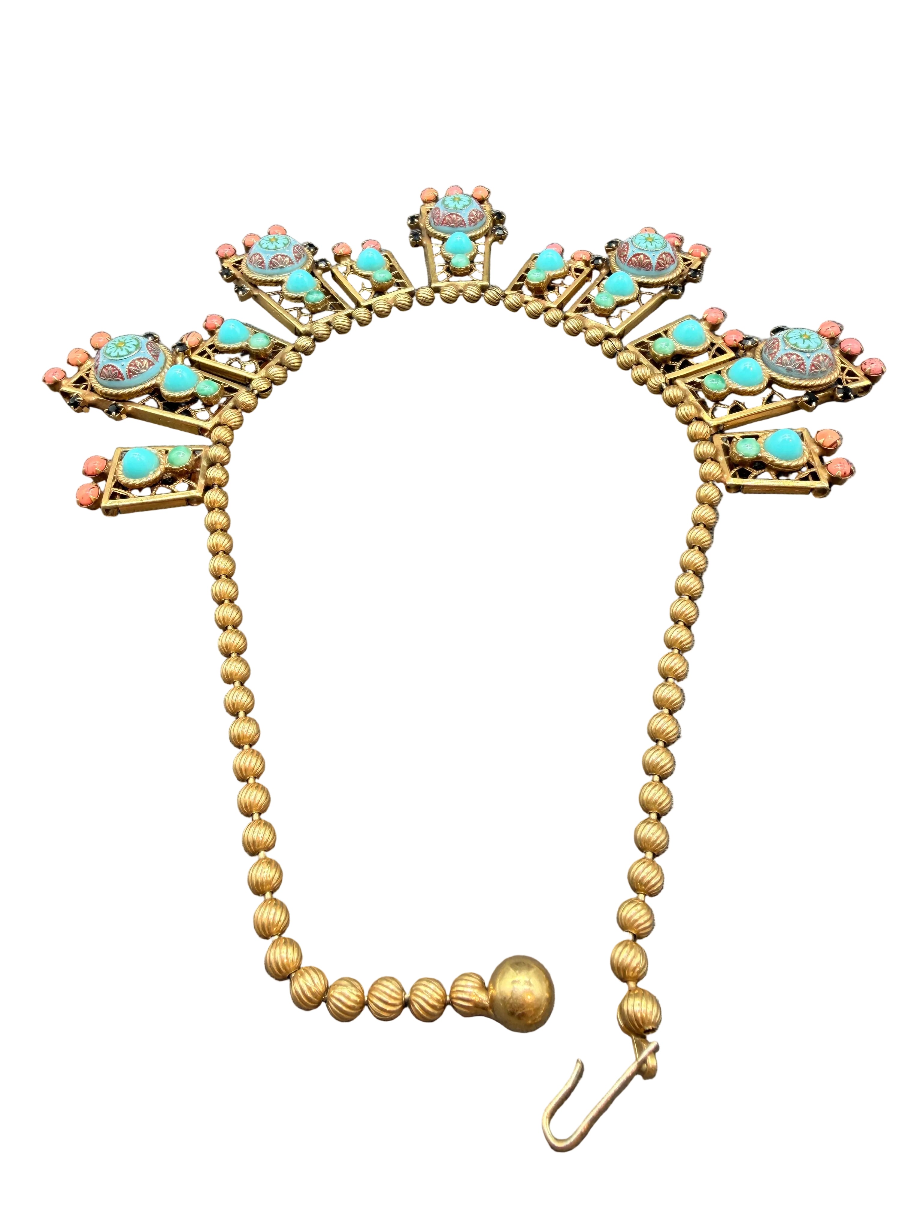 Rare 1970s Juliana by DeLizza & Elster "Moroccan Matrix" Bib Necklace with Turquoise & Coral Beads