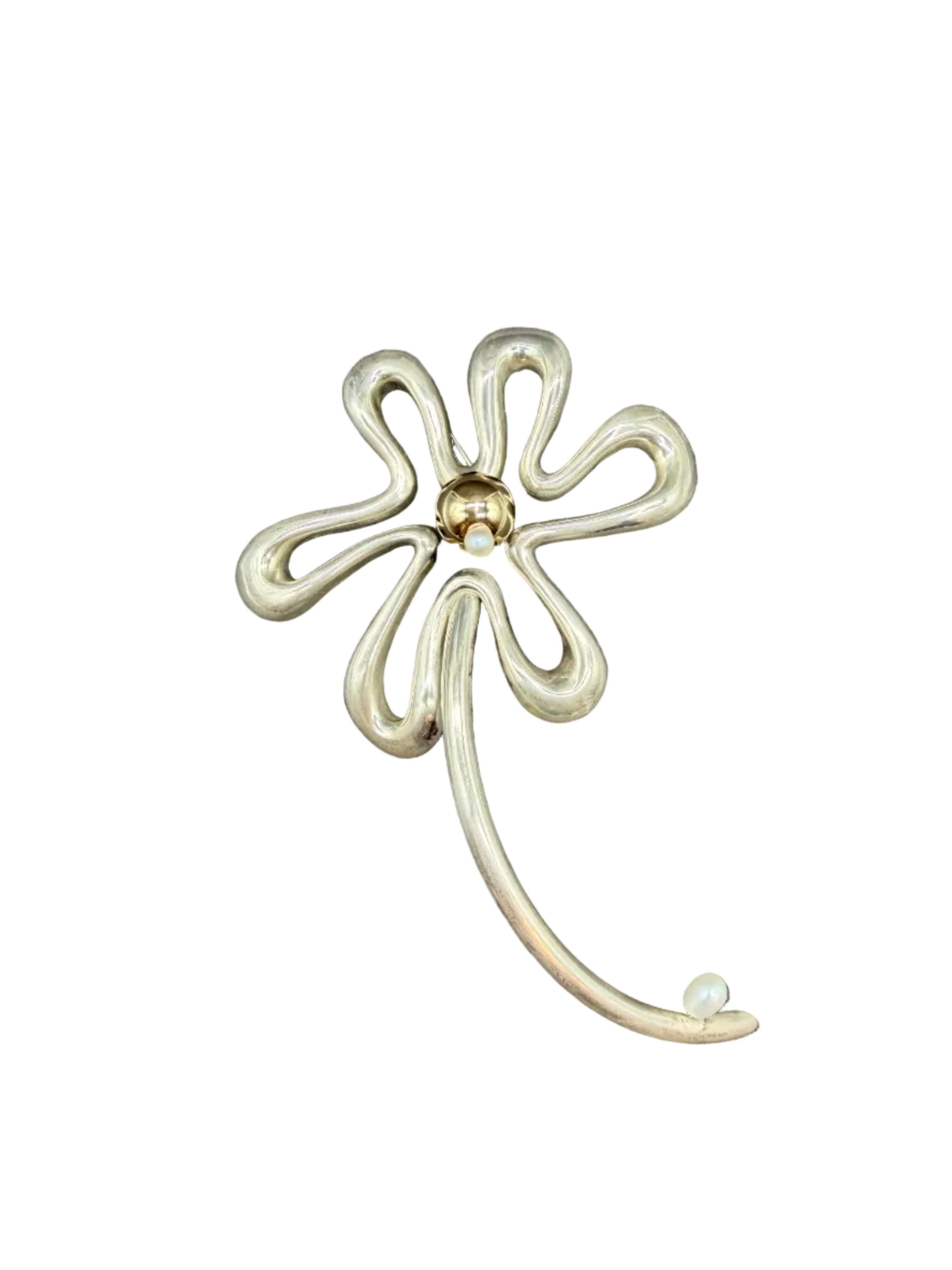 1980s Takashi Wada Sterling Silver Sculptural Flower Brooch with Genuine Pearls