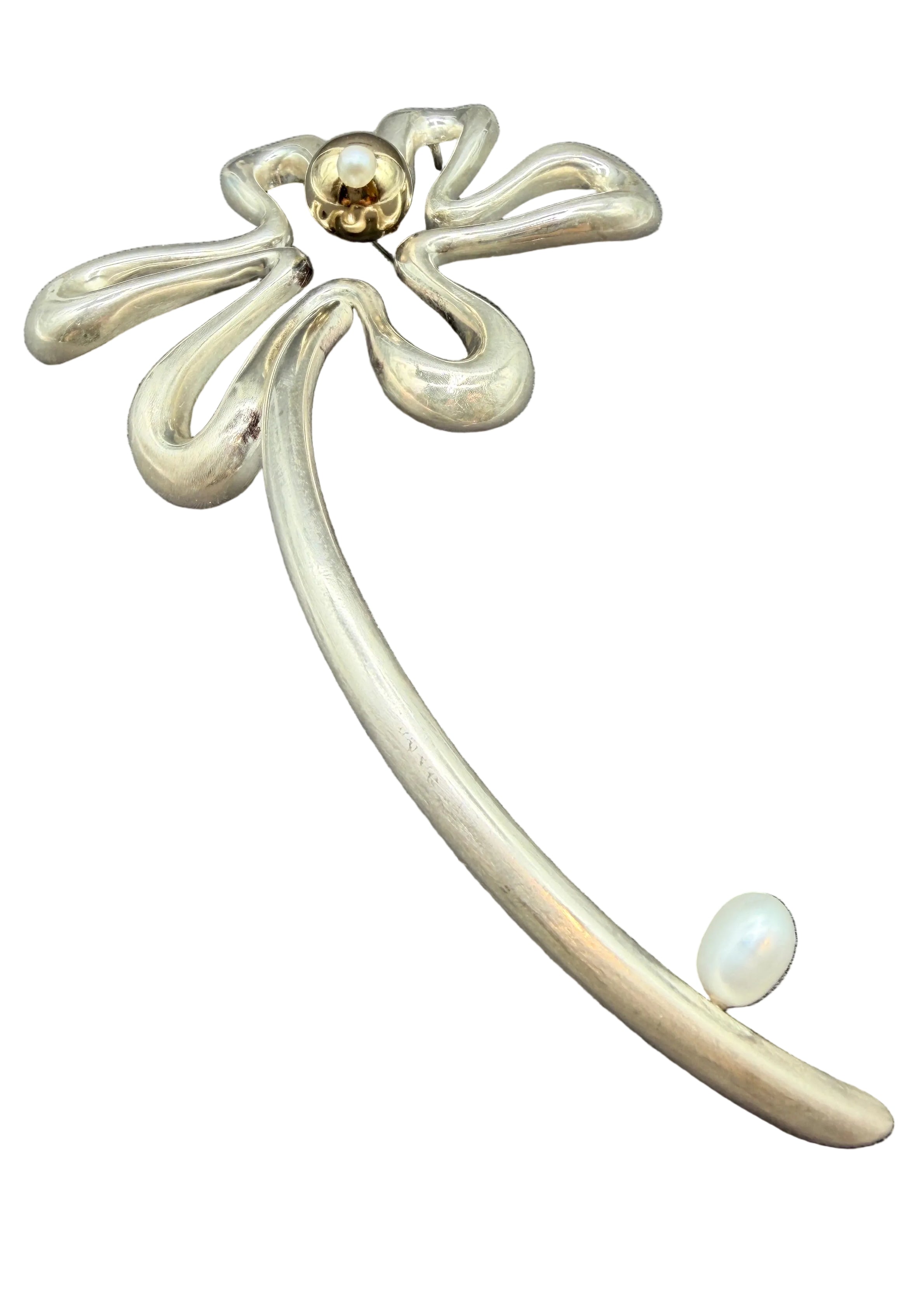 1980s Takashi Wada Sterling Silver Sculptural Flower Brooch with Genuine Pearls