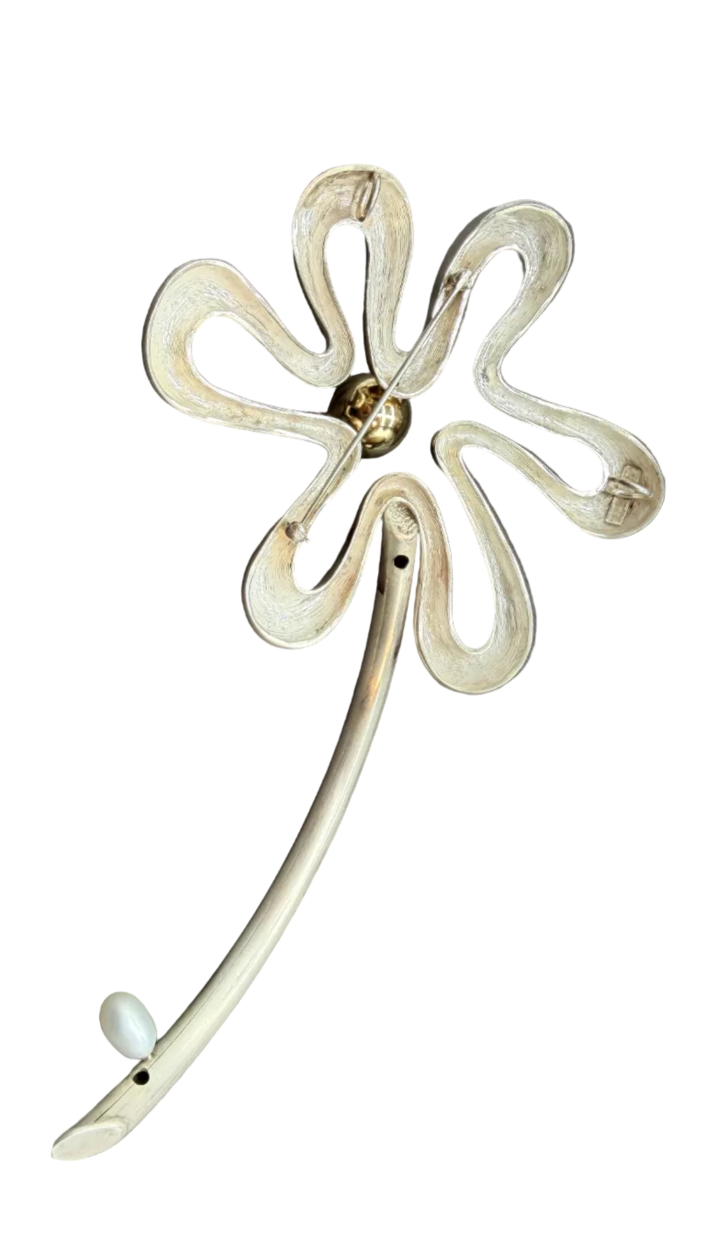 1980s Takashi Wada Sterling Silver Sculptural Flower Brooch with Genuine Pearls