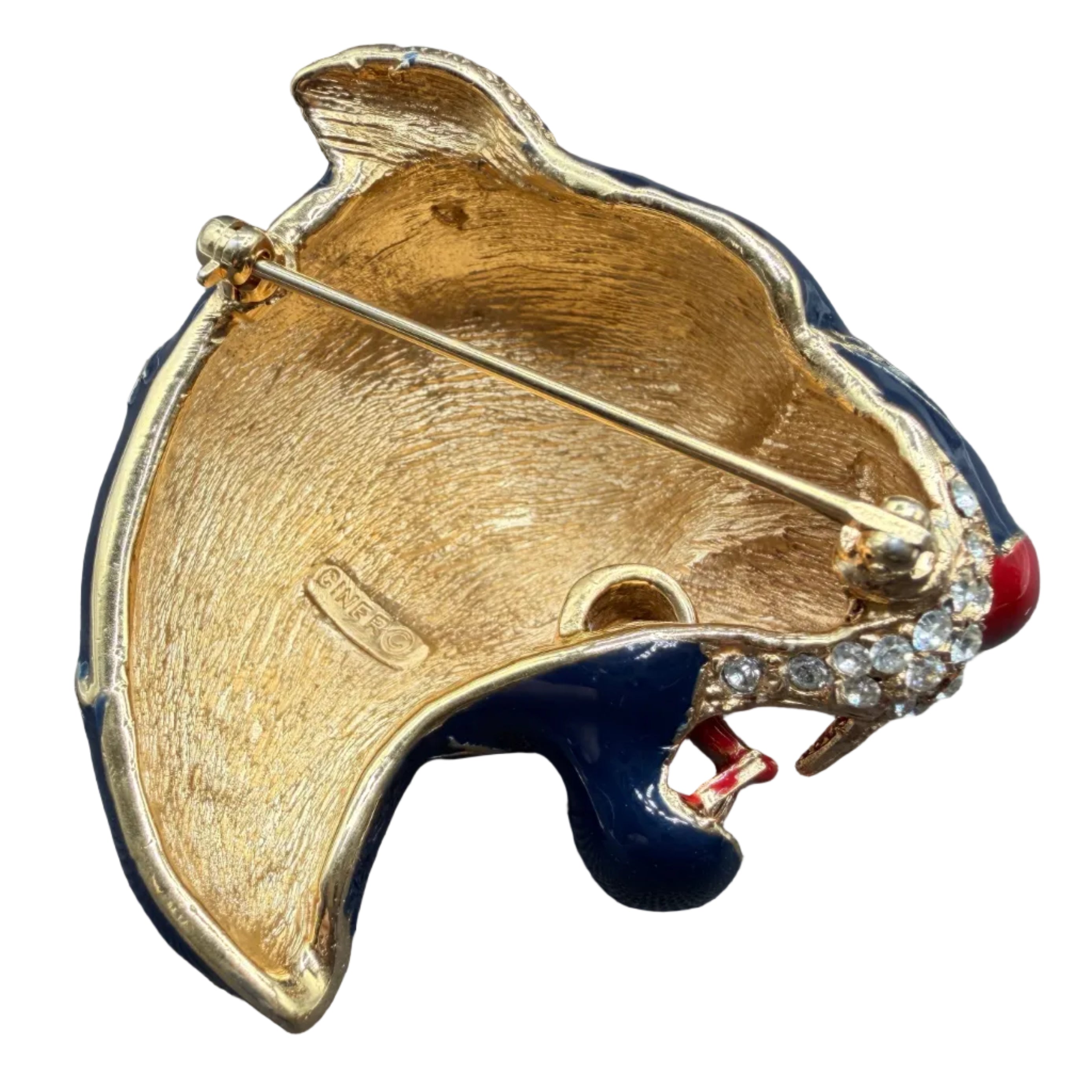 1980s Ciner Swarovski Crystal & Navy Blue Enamel Leopard Brooch