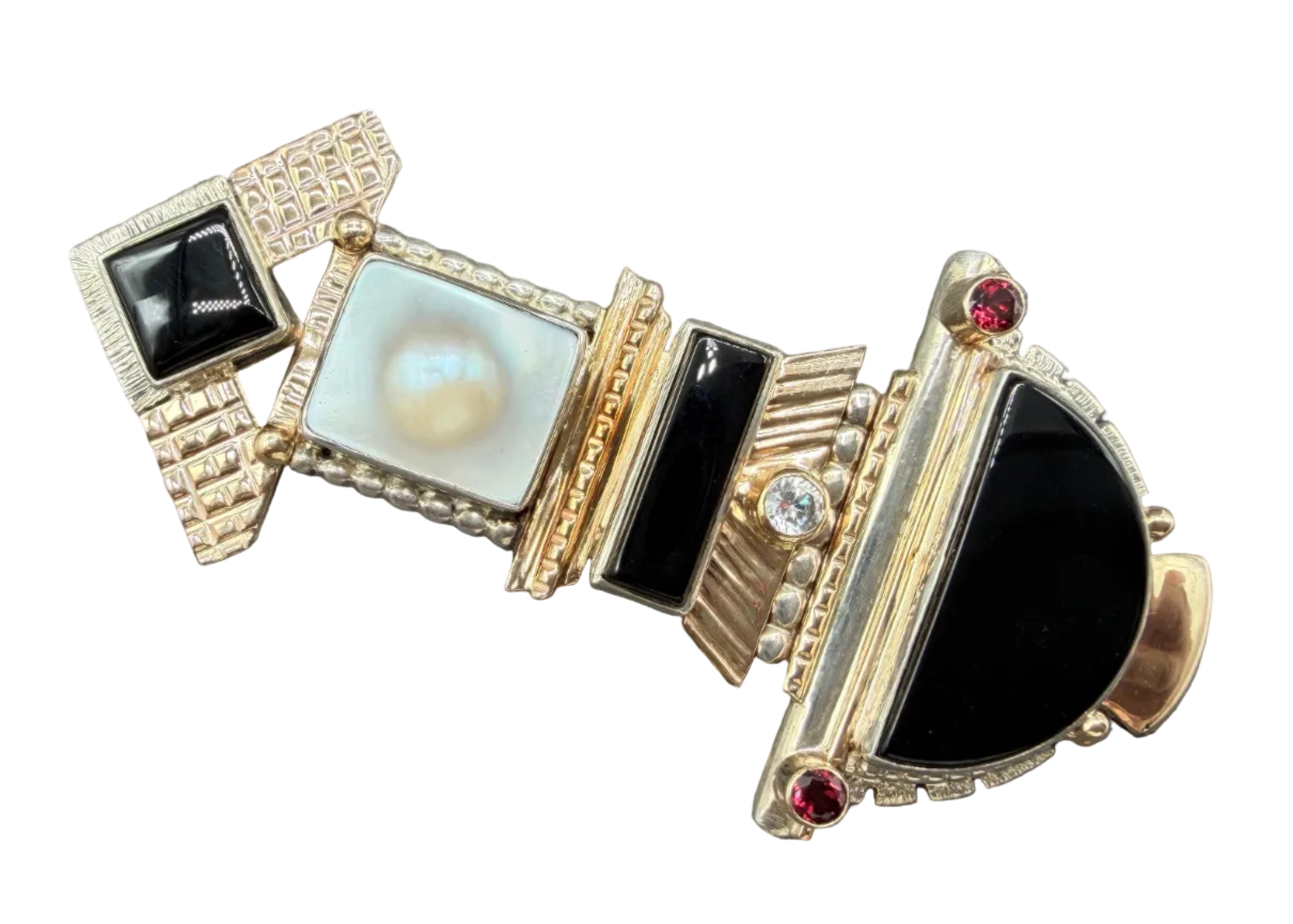 Art Deco Sterling Silver, 14K Gold, Onyx, Baroque Pearl, Garnet & Quartz Brooch
