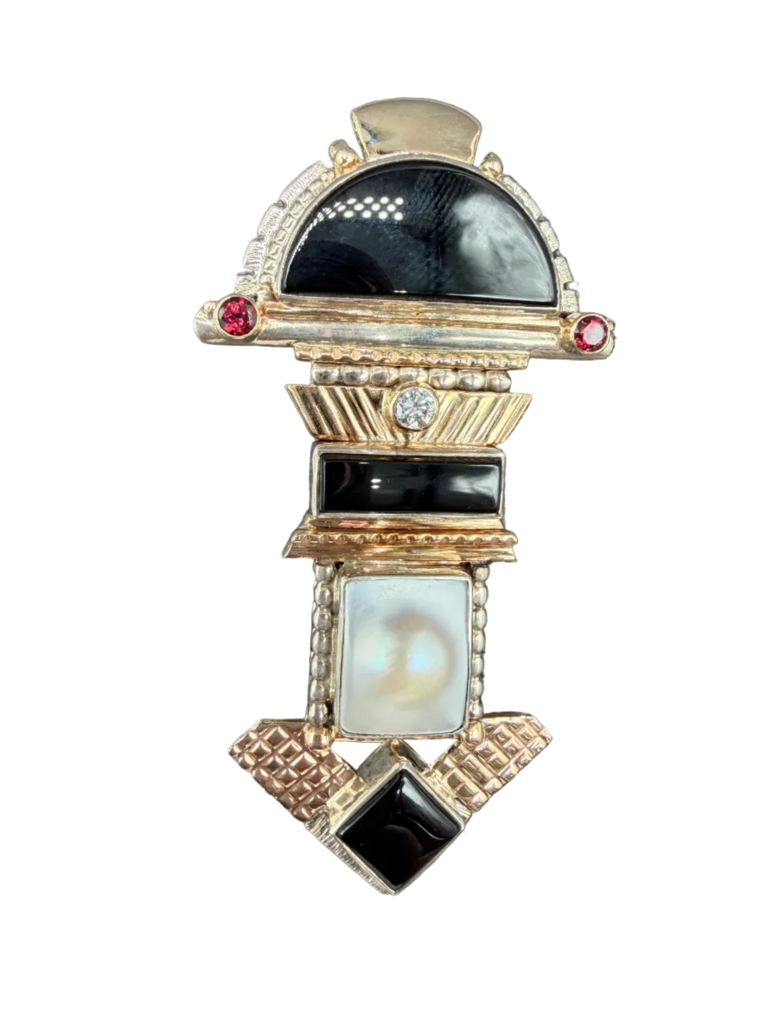 Art Deco Sterling Silver, 14K Gold, Onyx, Baroque Pearl, Garnet & Quartz Brooch