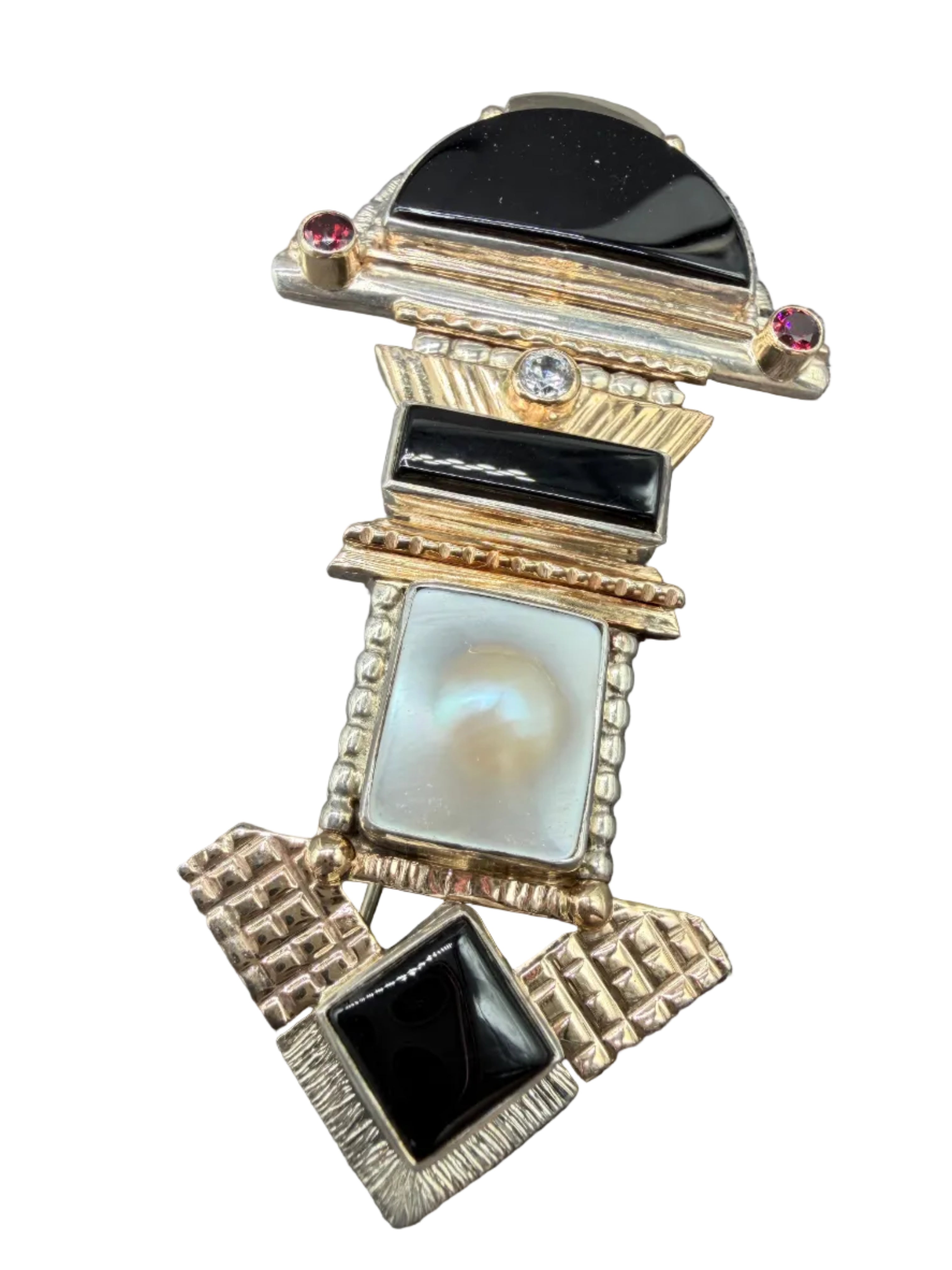 Art Deco Sterling Silver, 14K Gold, Onyx, Baroque Pearl, Garnet & Quartz Brooch