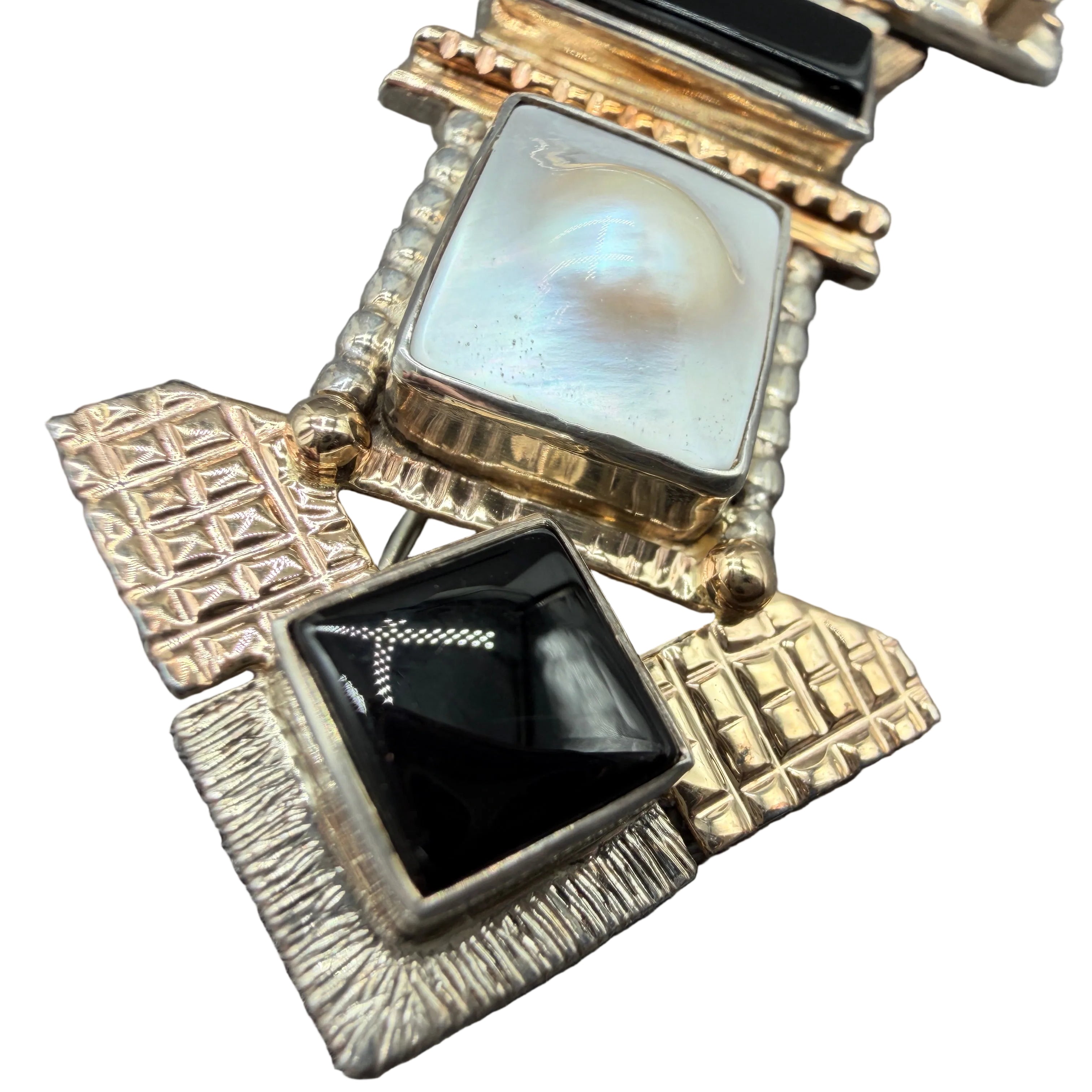 Art Deco Sterling Silver, 14K Gold, Onyx, Baroque Pearl, Garnet & Quartz Brooch