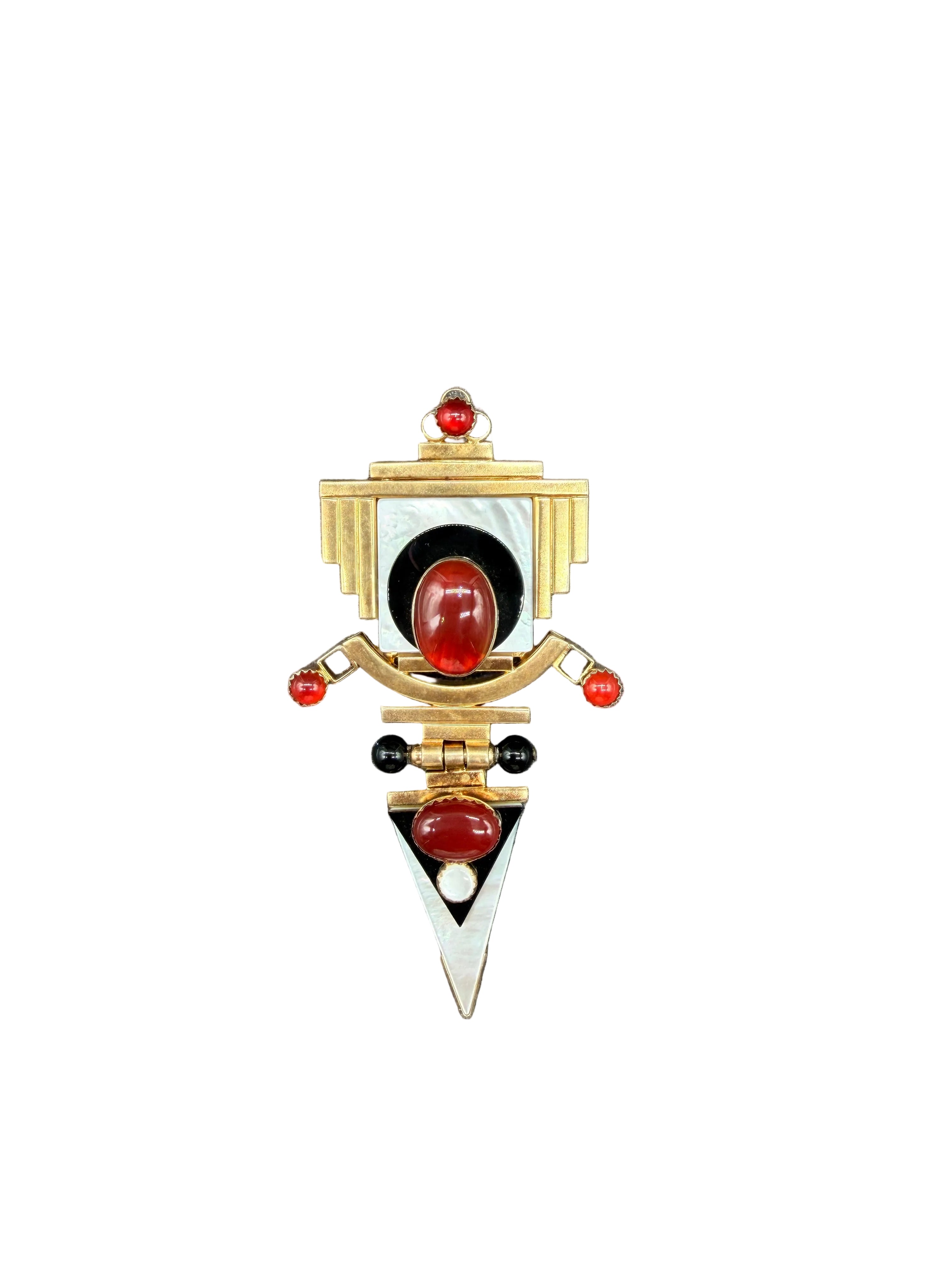 Tricia Young Vermeil Art Deco Revival Brooch/Pendant with Mother-of-Pearl, Carnelian & Onyx