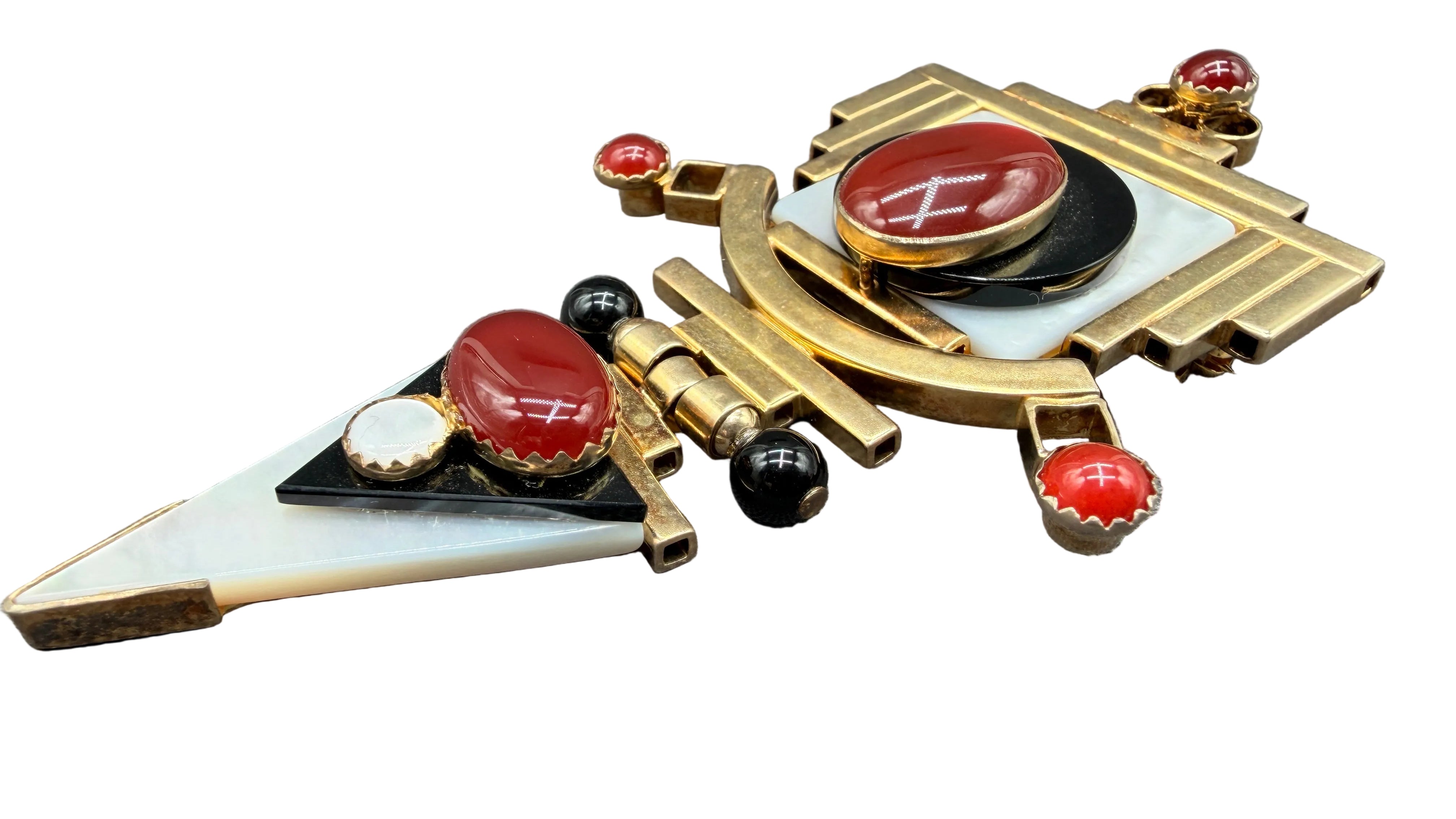 Tricia Young Vermeil Art Deco Revival Brooch/Pendant with Mother-of-Pearl, Carnelian & Onyx