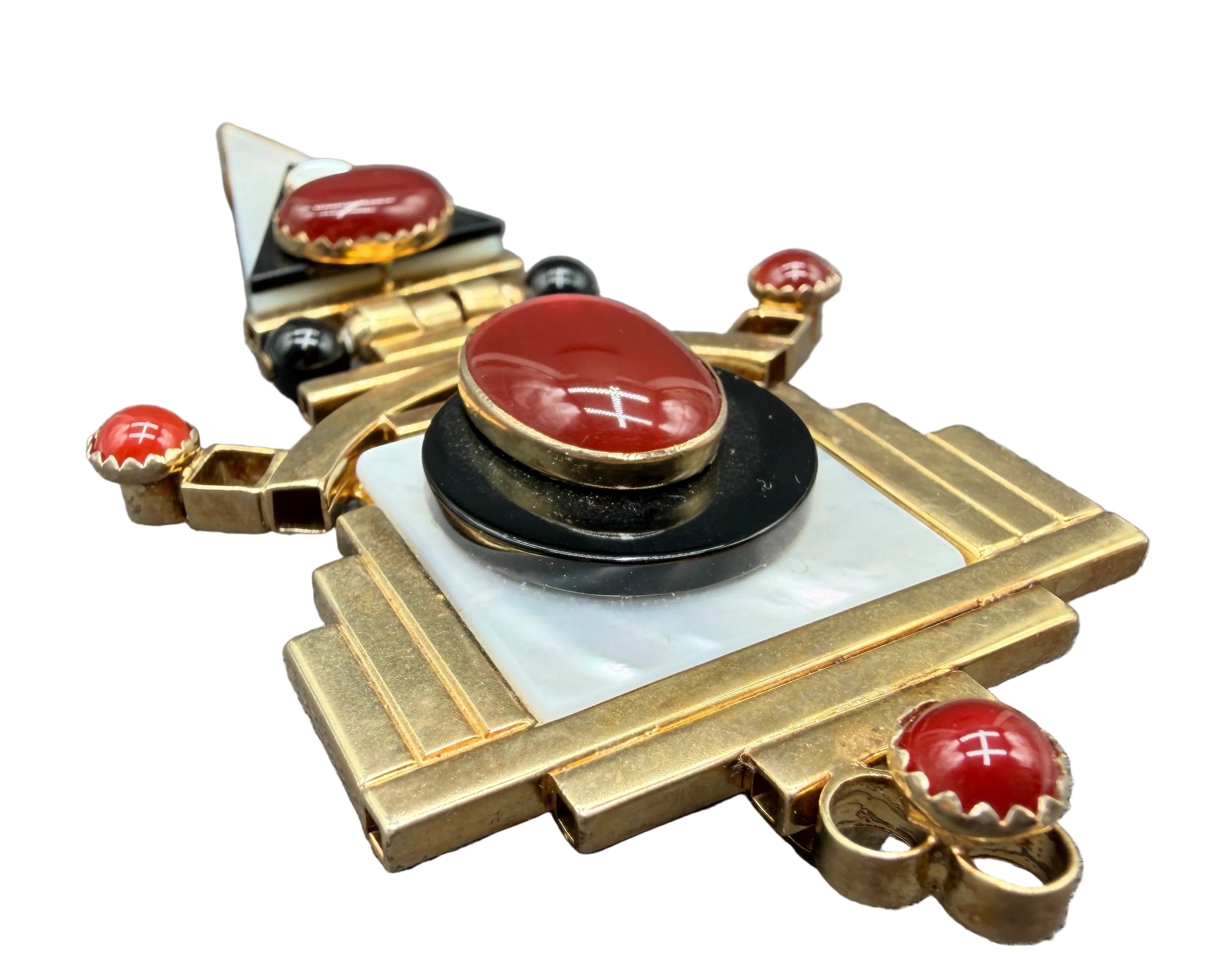 Tricia Young Vermeil Art Deco Revival Brooch/Pendant with Mother-of-Pearl, Carnelian & Onyx