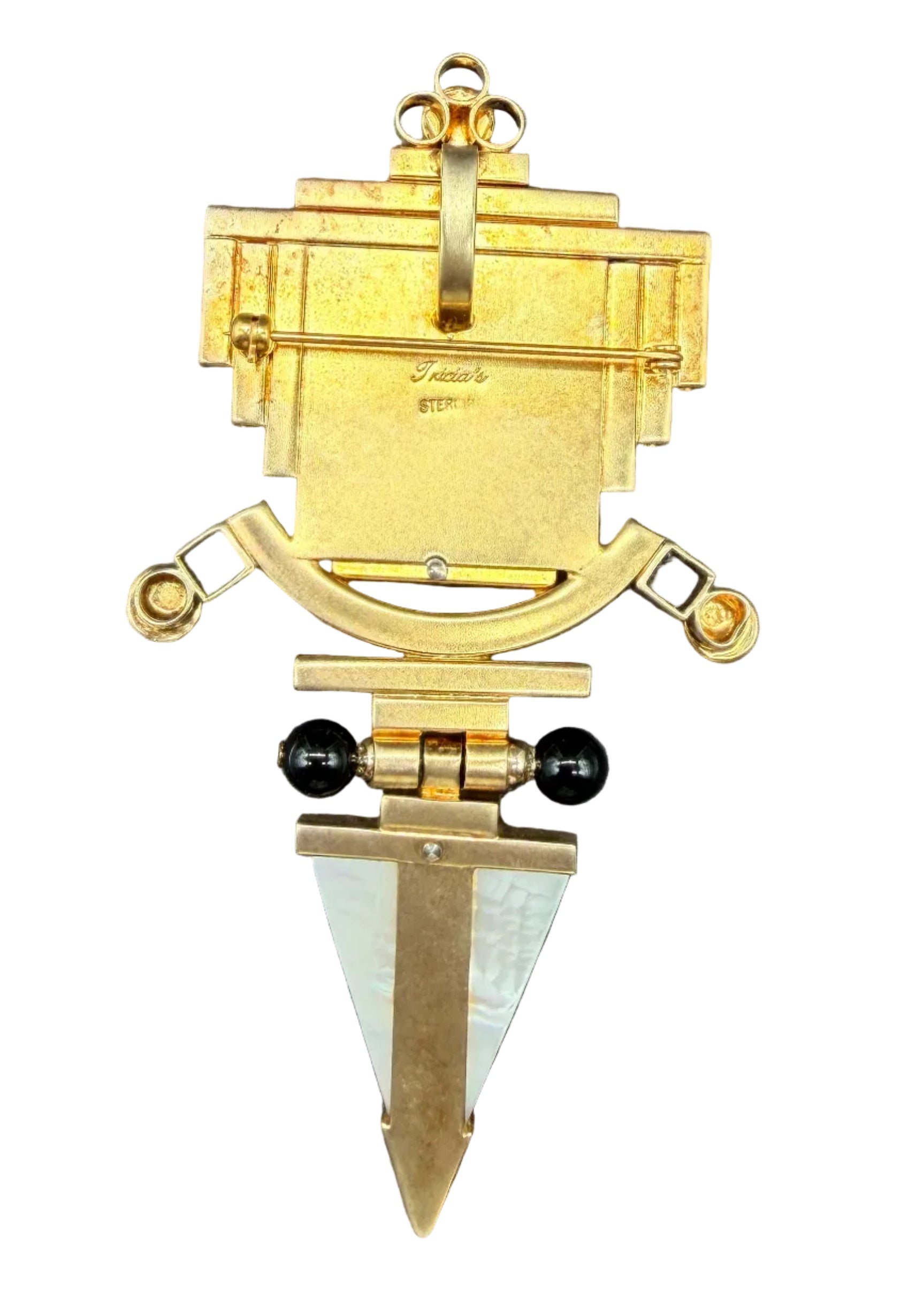 Tricia Young Vermeil Art Deco Revival Brooch/Pendant with Mother-of-Pearl, Carnelian & Onyx