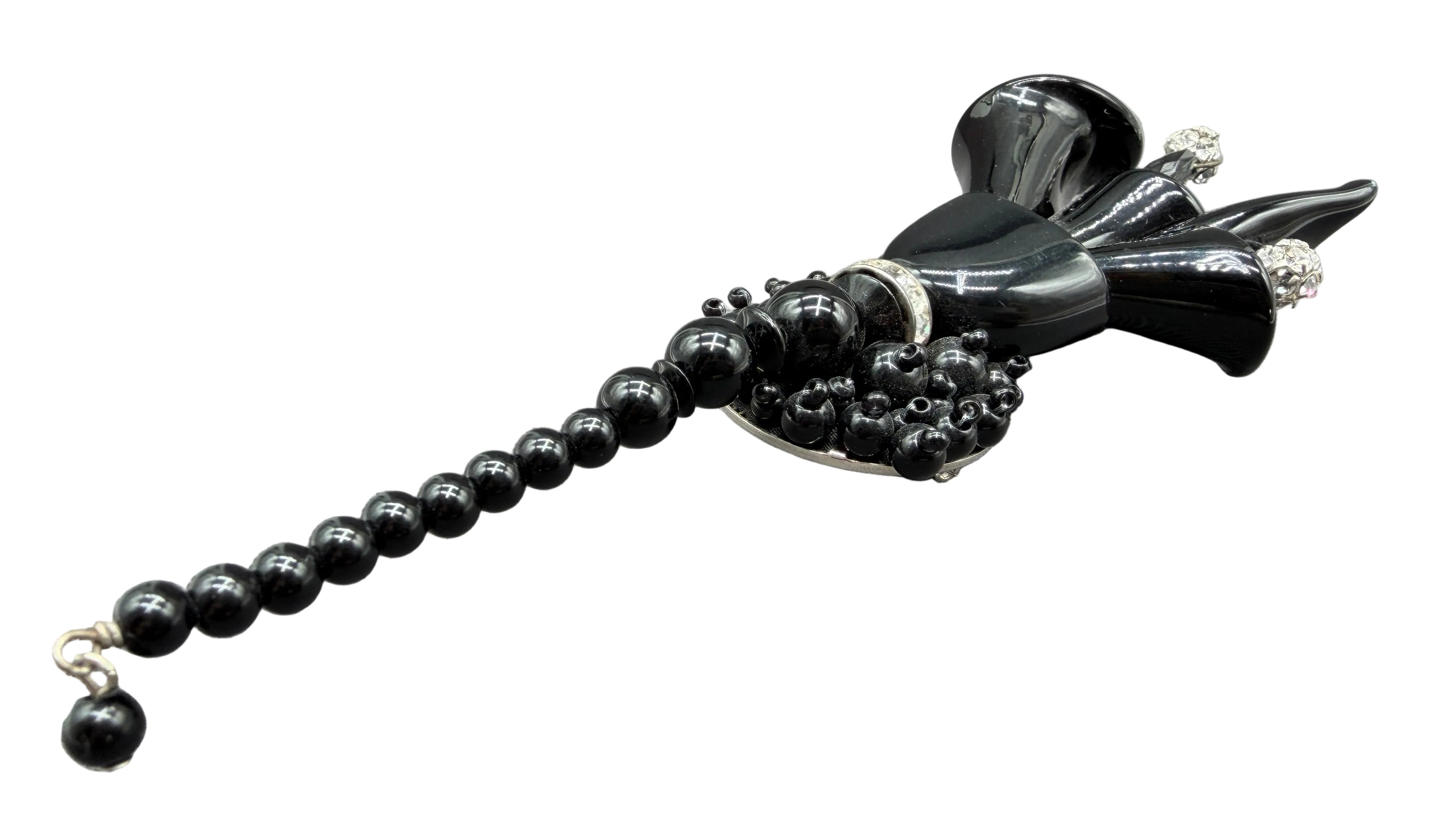 1970s Rare Angela Caputi Black Lucite Calla Lily Brooch with Clear Rhinestone Accents