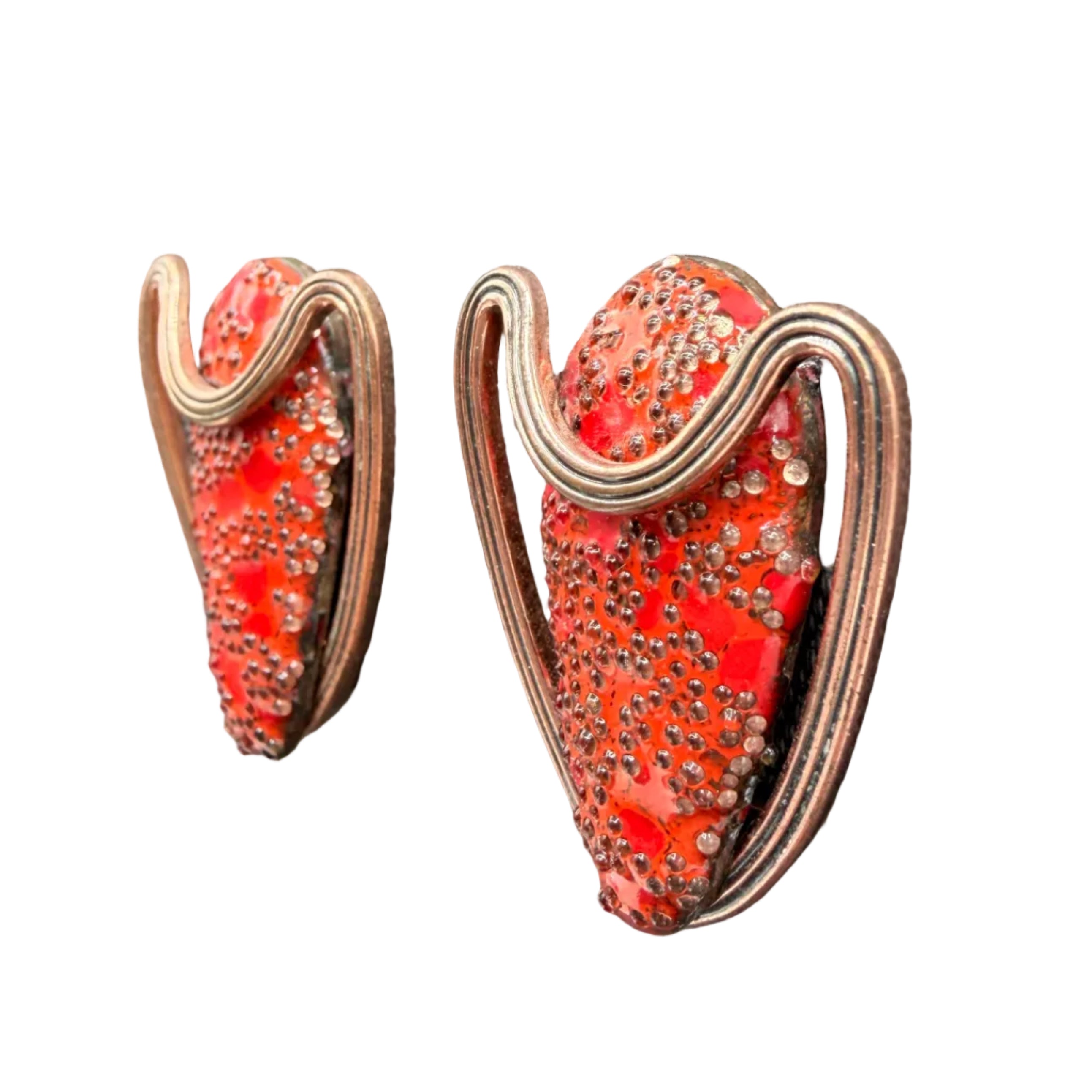 1950s Matisse Copper Mid-Century Modern Earrings with Red Enamel